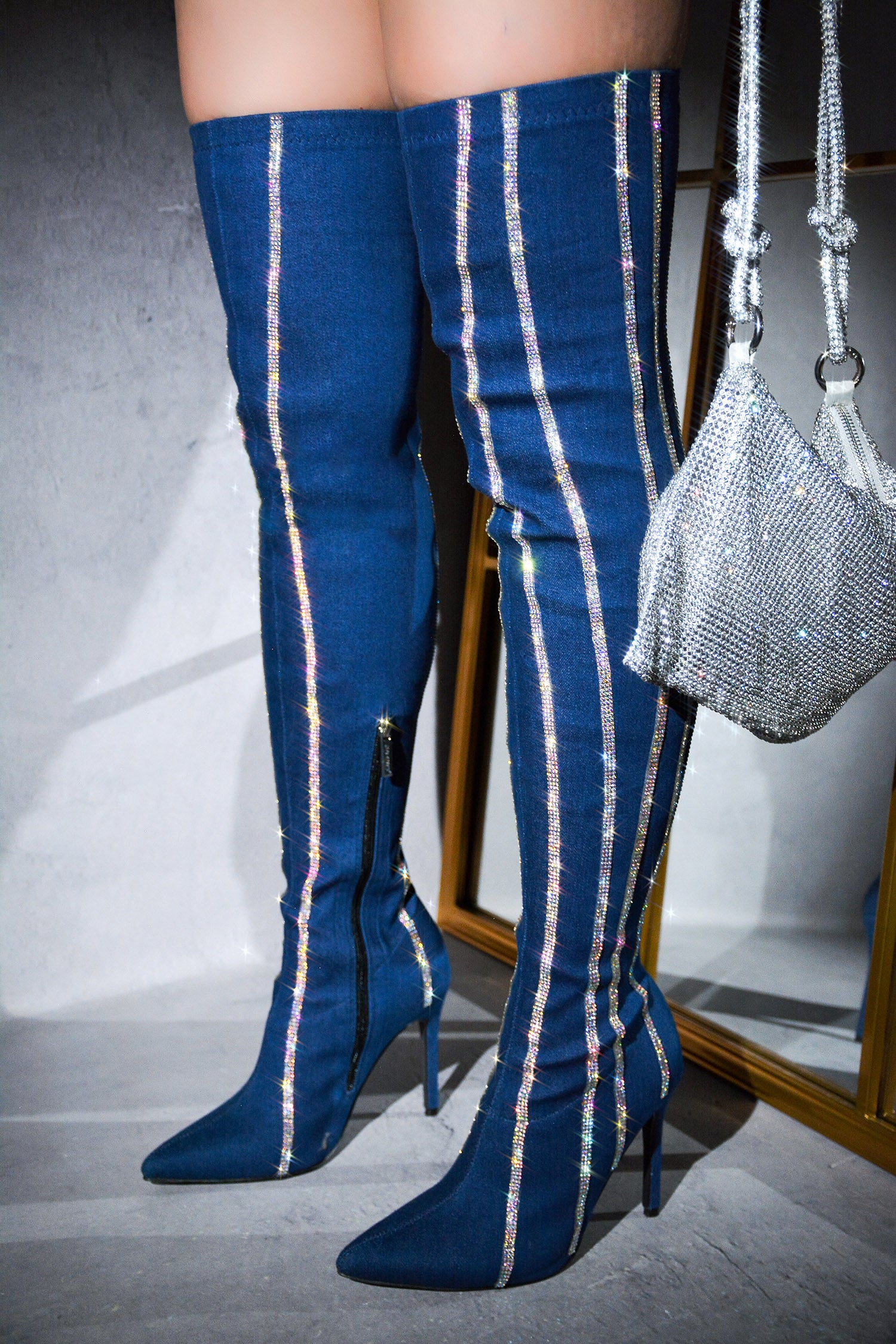 Hidenim Rhinestone Thigh High Stiletto Boots Denim – Cape Robbin