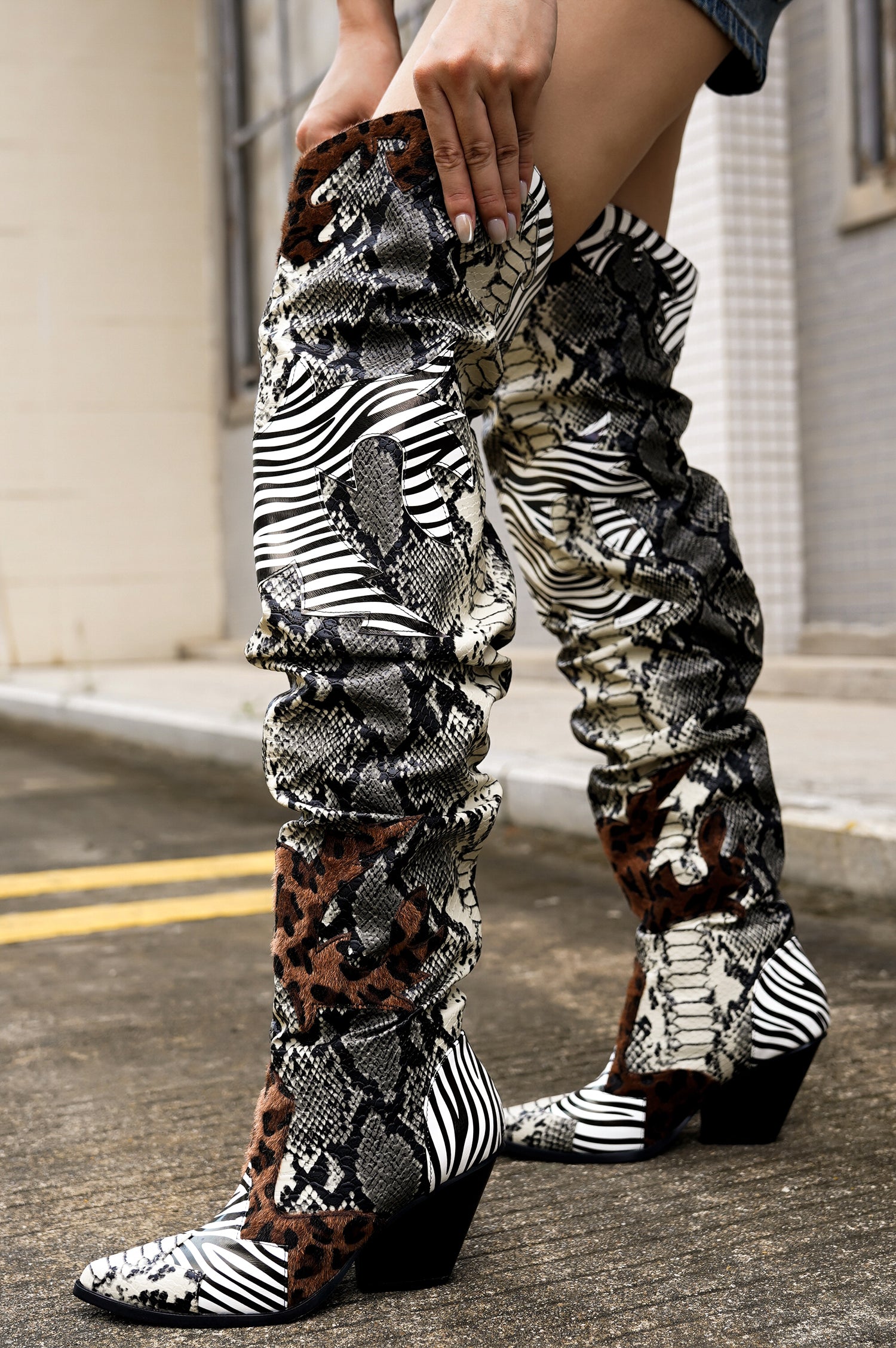 Hilda Faux Snakeskin Thigh High Cowboy Boots Animal – Cape Robbin