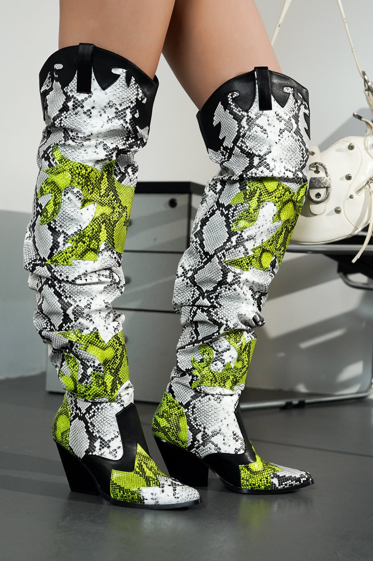 Hilda Faux Snakeskin Thigh High Cowboy Boots - Black – Cape Robbin