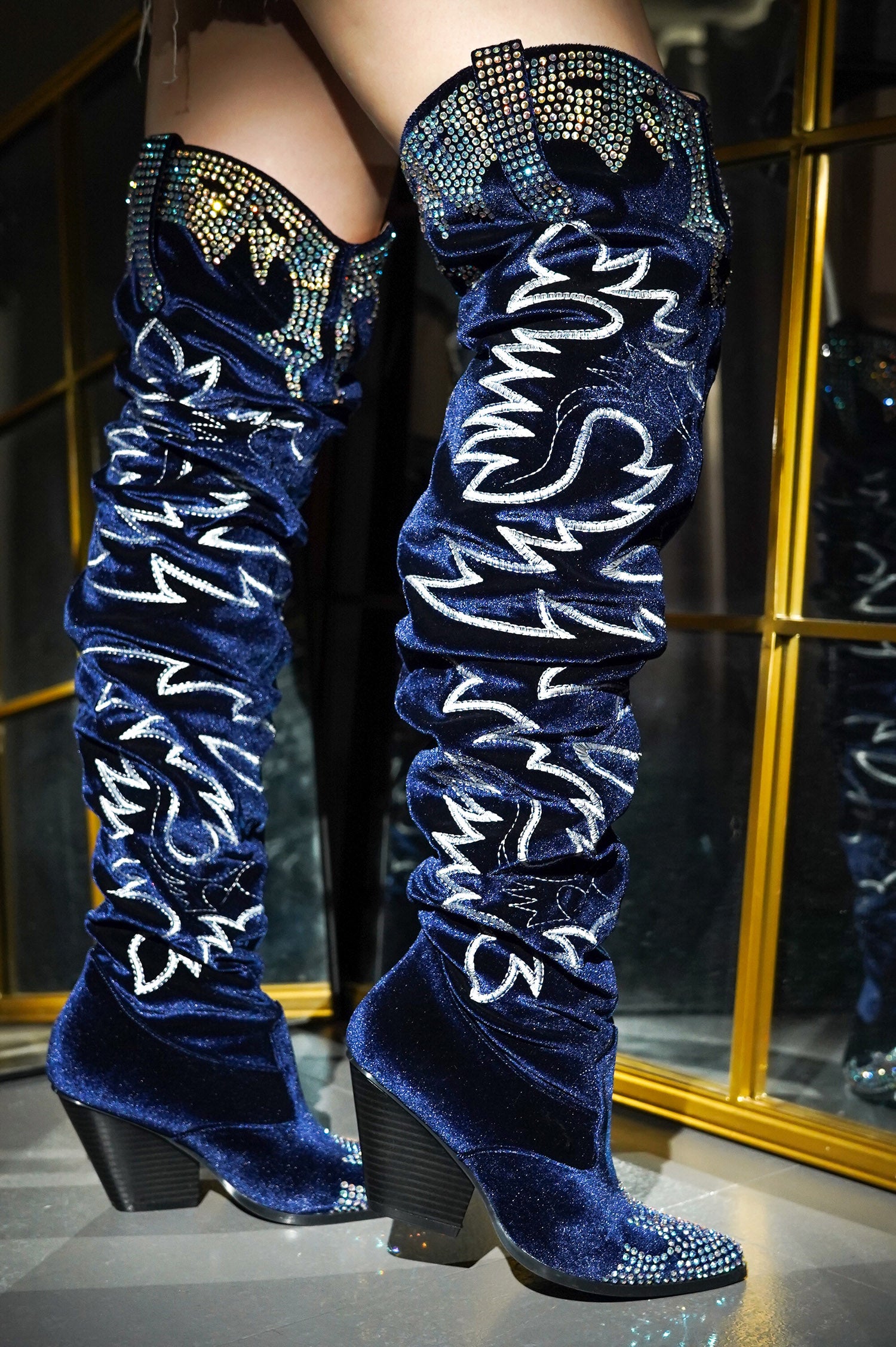 Lish Velvet Rhinestone Thigh High Slouchy Western Boots Blue