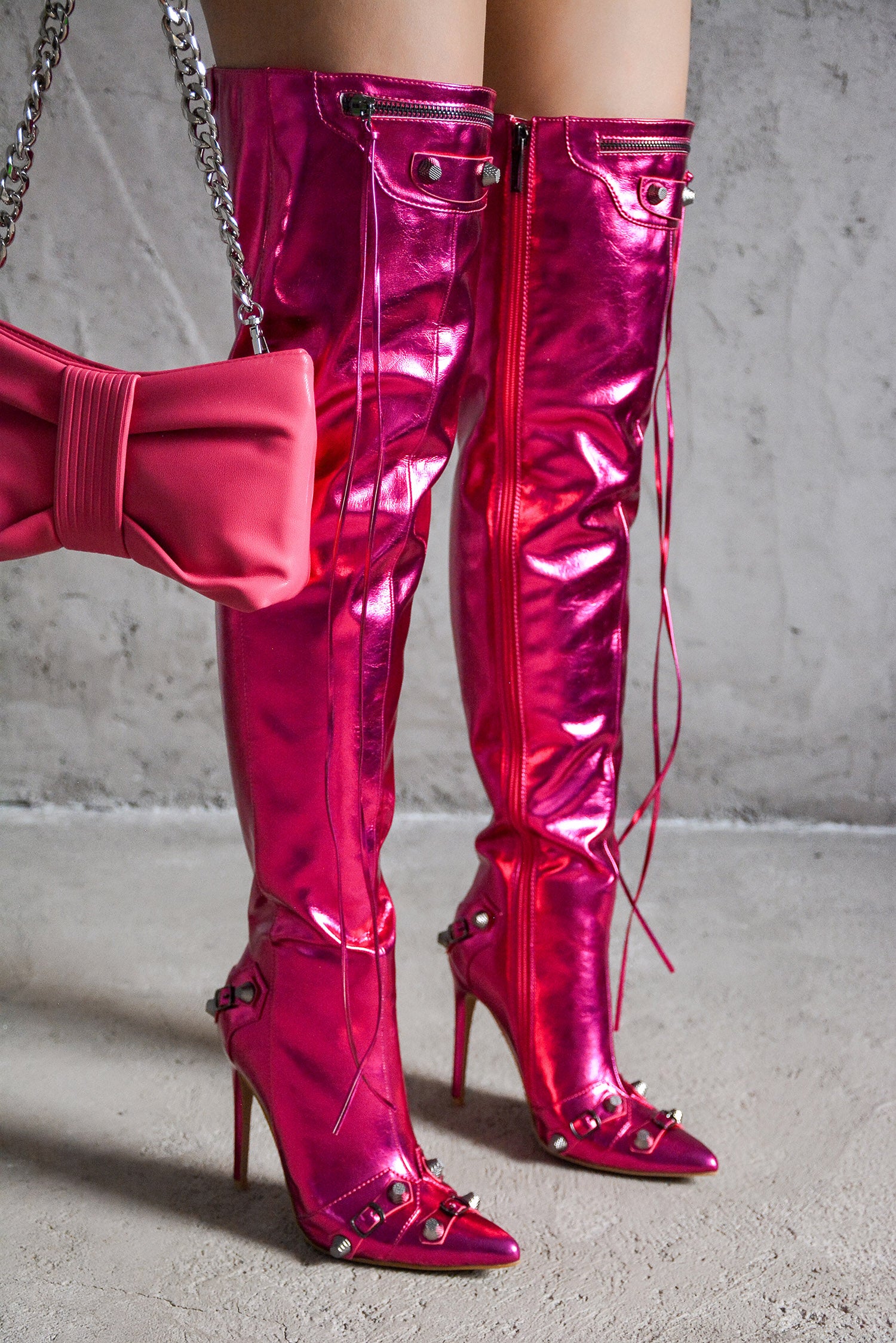 Pofin-2 Metallic Thigh High Pointy Toe Boots Pink – Cape Robbin