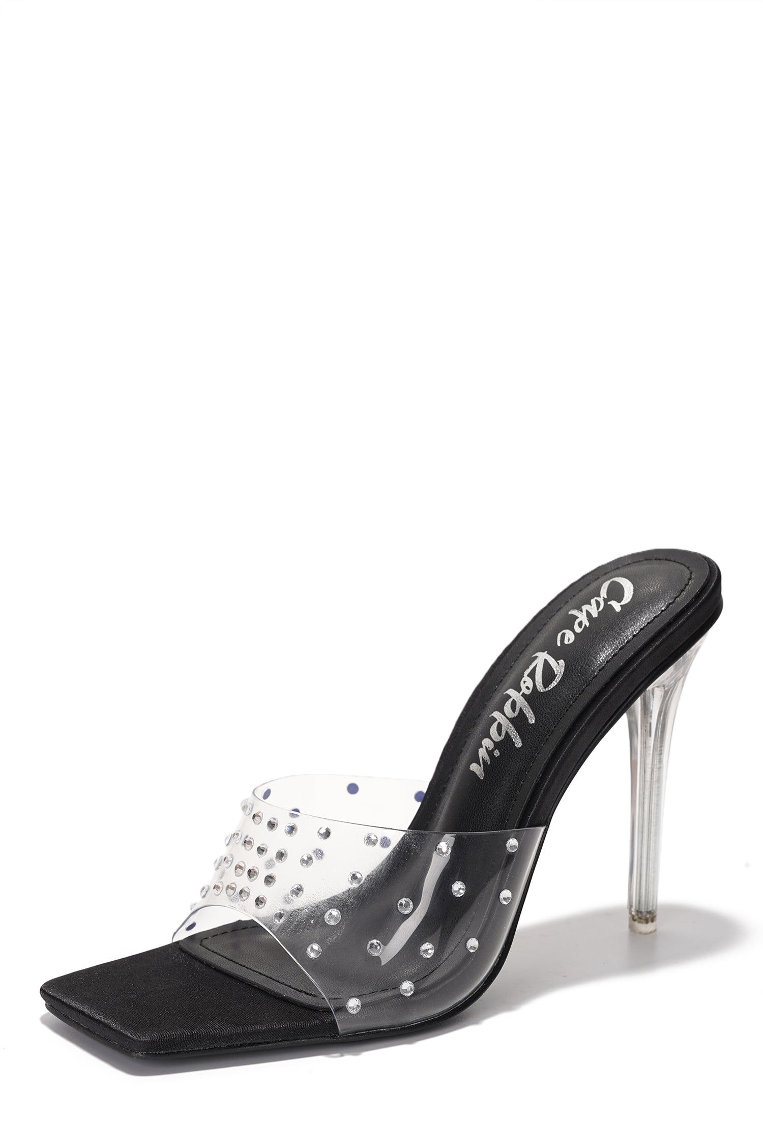 Brisa Clear Slip-On Rhinestone Transparent Straps, Square Toe Stiletto Heels - Black - Cape Robbin