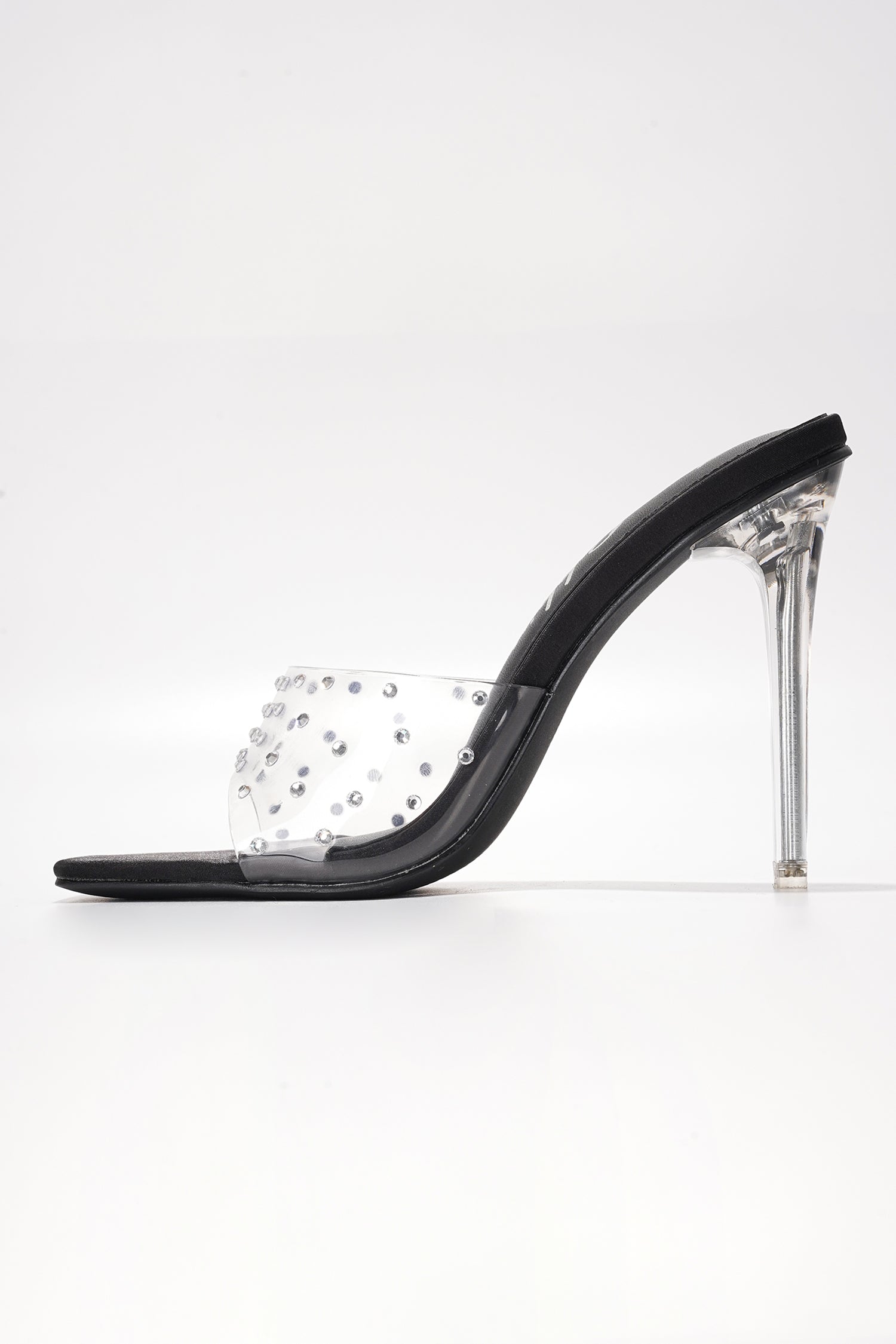 Brisa Clear Slip-On Rhinestone Transparent Straps, Square Toe Stiletto Heels - Black - Cape Robbin