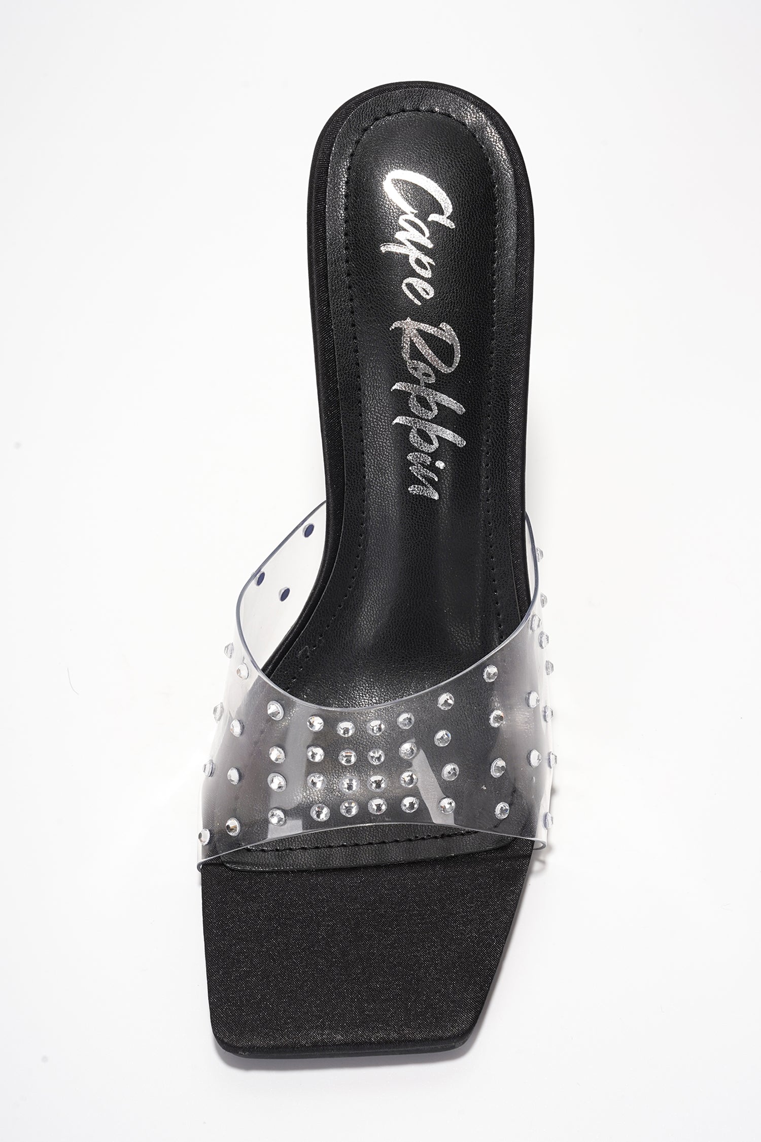 Brisa Clear Slip-On Rhinestone Transparent Straps, Square Toe Stiletto Heels - Black - Cape Robbin