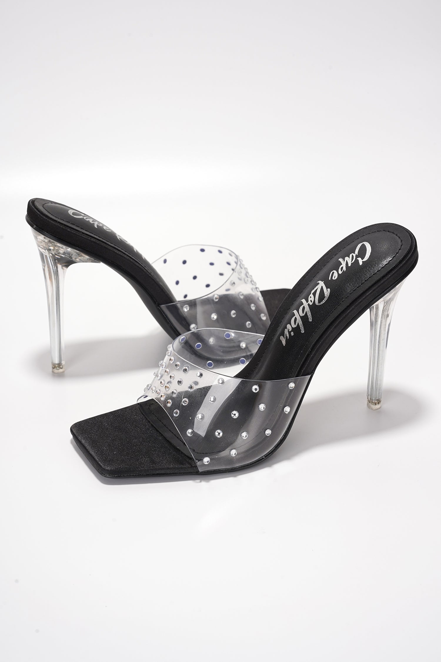Brisa Clear Slip-On Rhinestone Transparent Straps, Square Toe Stiletto Heels - Black - Cape Robbin