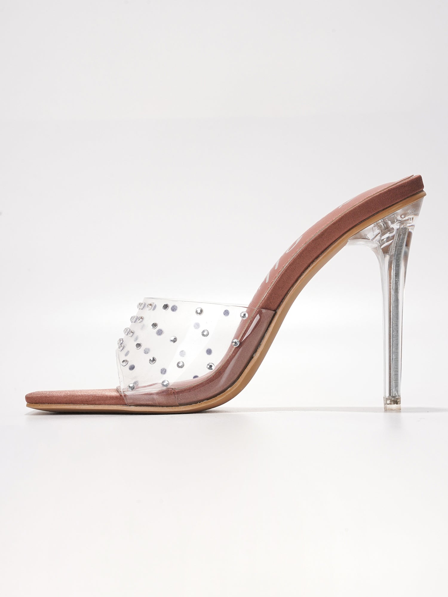 Brisa Clear Slip-On Rhinestone Transparent Straps, Square Toe Stiletto Heels - Copper - Cape Robbin