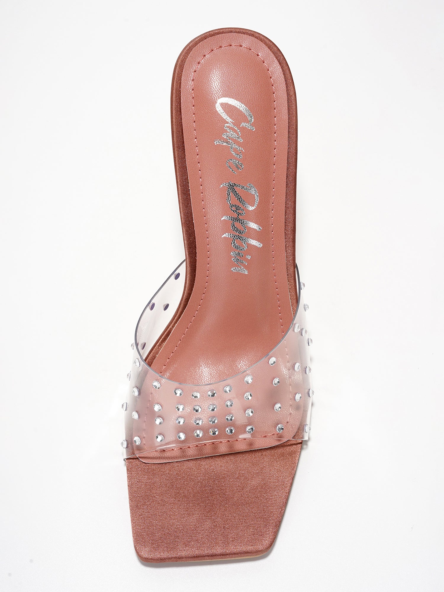 Brisa Clear Slip-On Rhinestone Transparent Straps, Square Toe Stiletto Heels - Copper - Cape Robbin