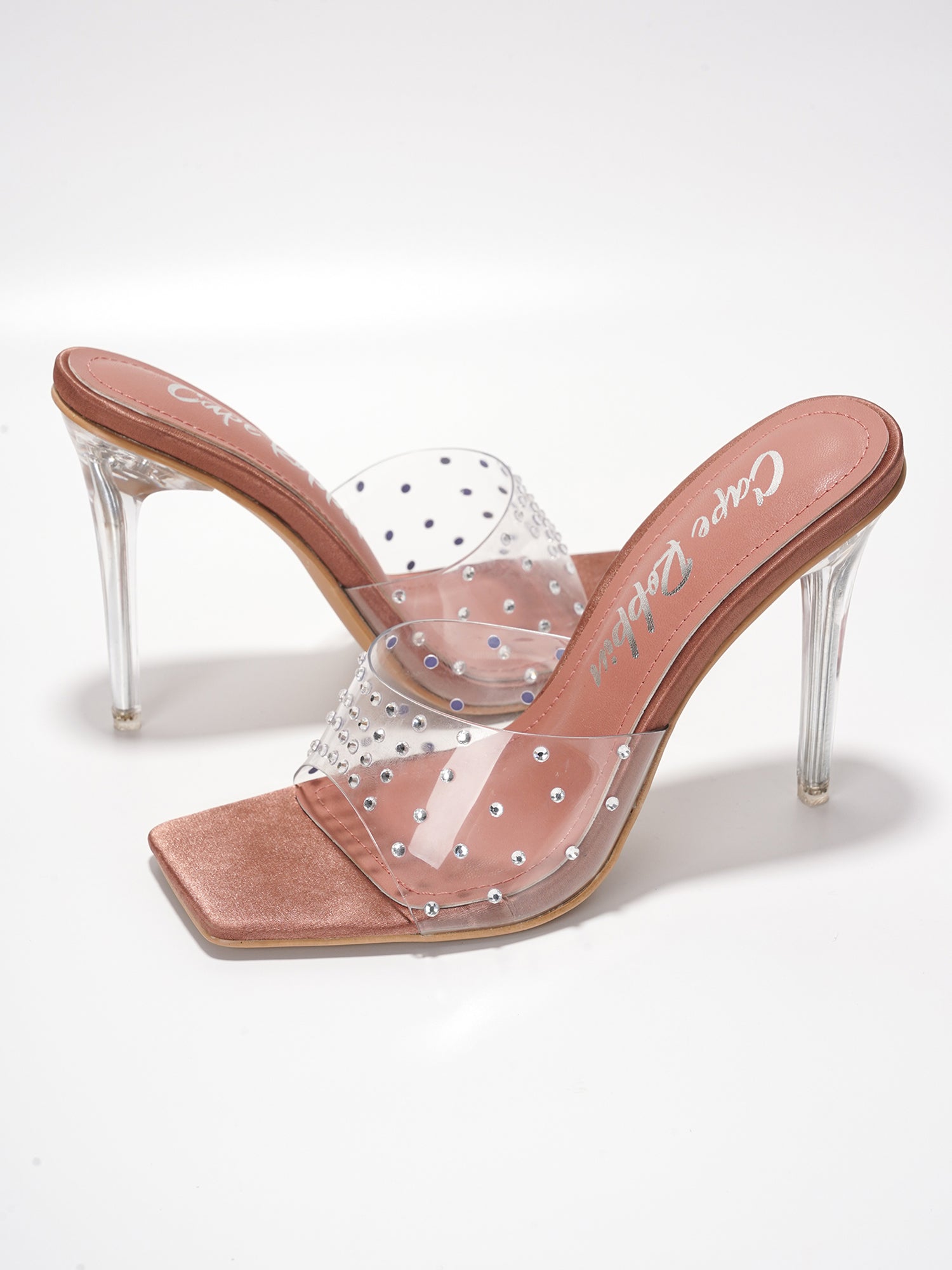 Brisa Clear Slip-On Rhinestone Transparent Straps, Square Toe Stiletto Heels - Copper - Cape Robbin