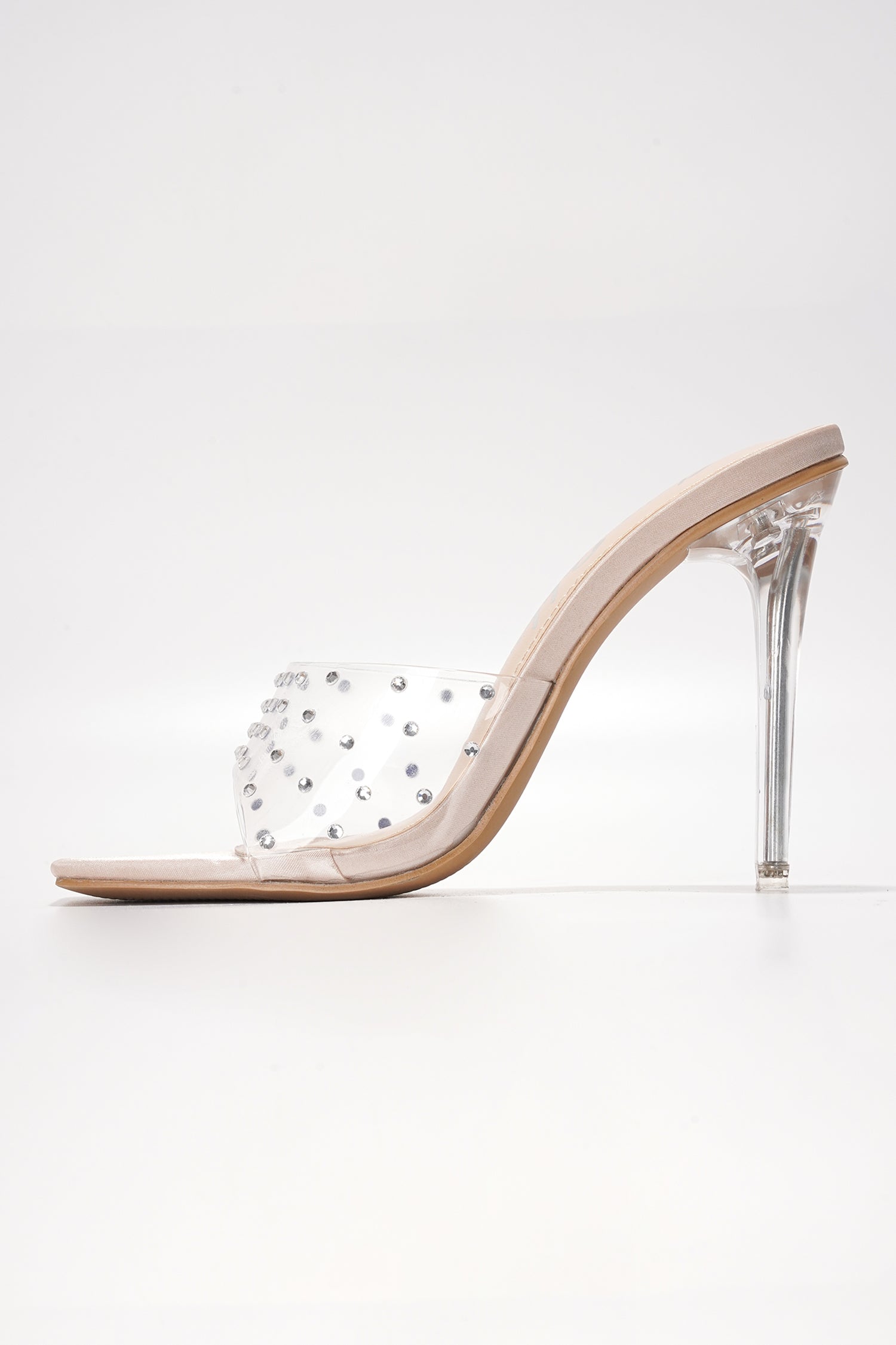 Brisa Clear Slip-On Rhinestone Transparent Straps, Square Toe Stiletto Heels - Nude - Cape Robbin