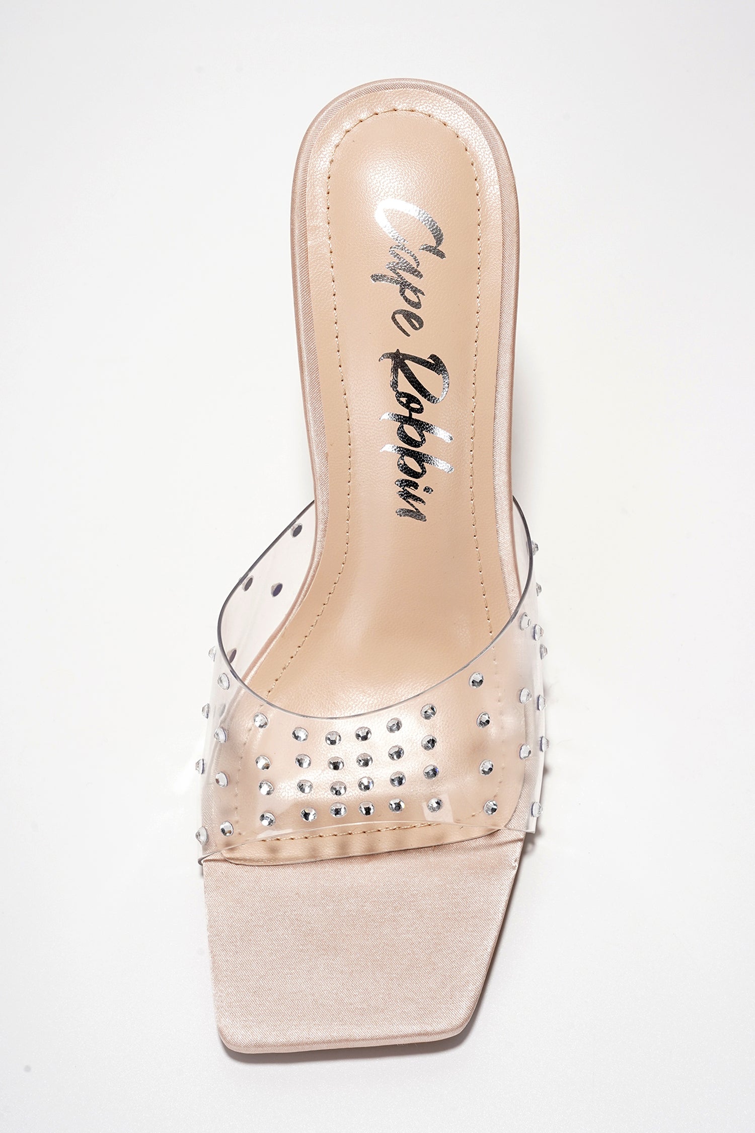 Brisa Clear Slip-On Rhinestone Transparent Straps, Square Toe Stiletto Heels - Nude - Cape Robbin