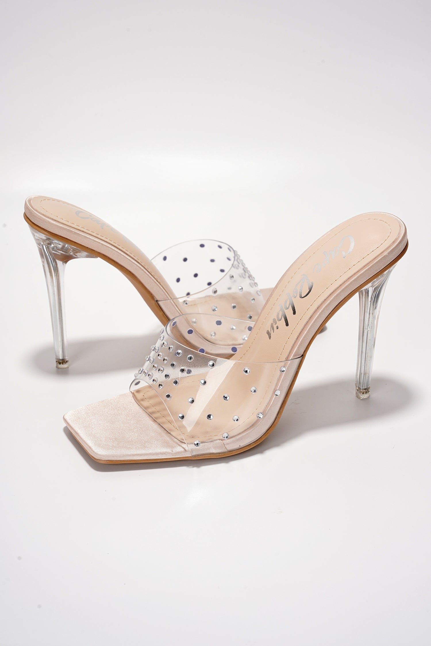 Brisa Clear Slip-On Rhinestone Transparent Straps, Square Toe Stiletto Heels - Nude - Cape Robbin