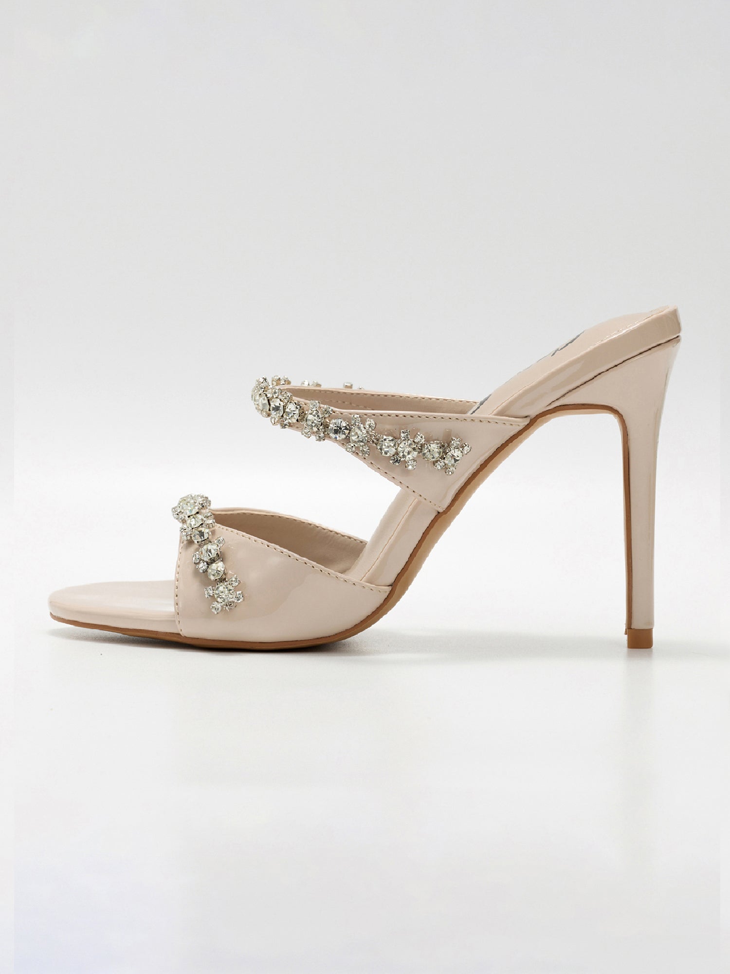 Carie Dressy Rhinestone Heeled Sandals - Slip On Mules with Stiletto Heel - Beige