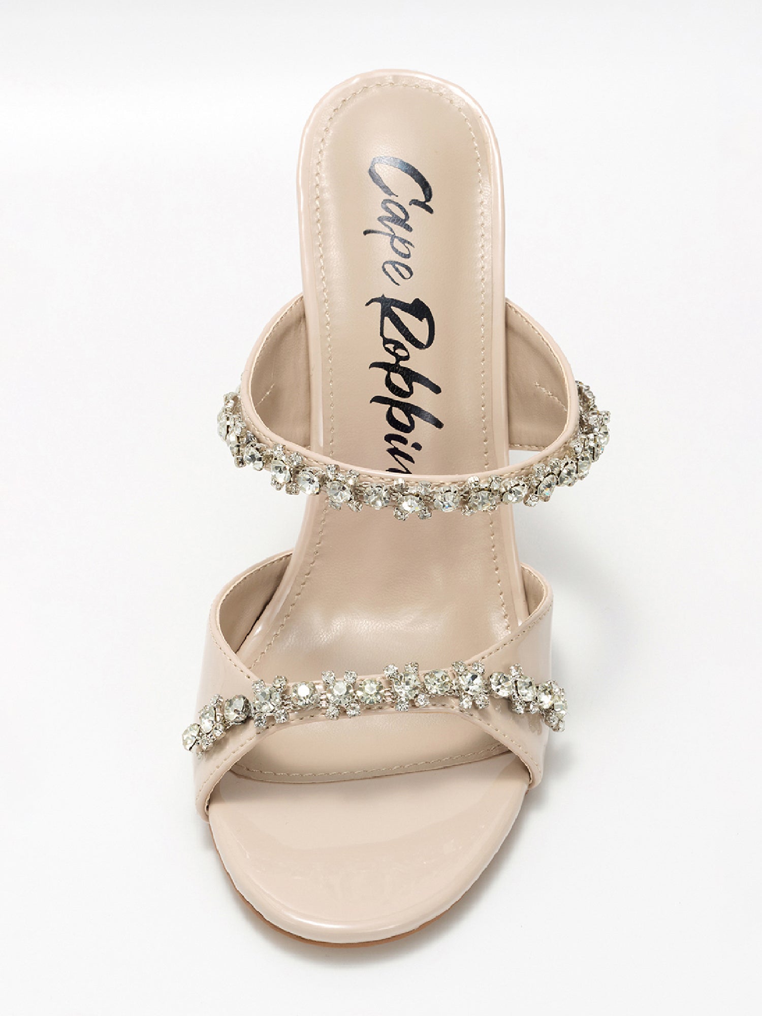 Carie Dressy Rhinestone Heeled Sandals - Slip On Mules with Stiletto Heel - Beige
