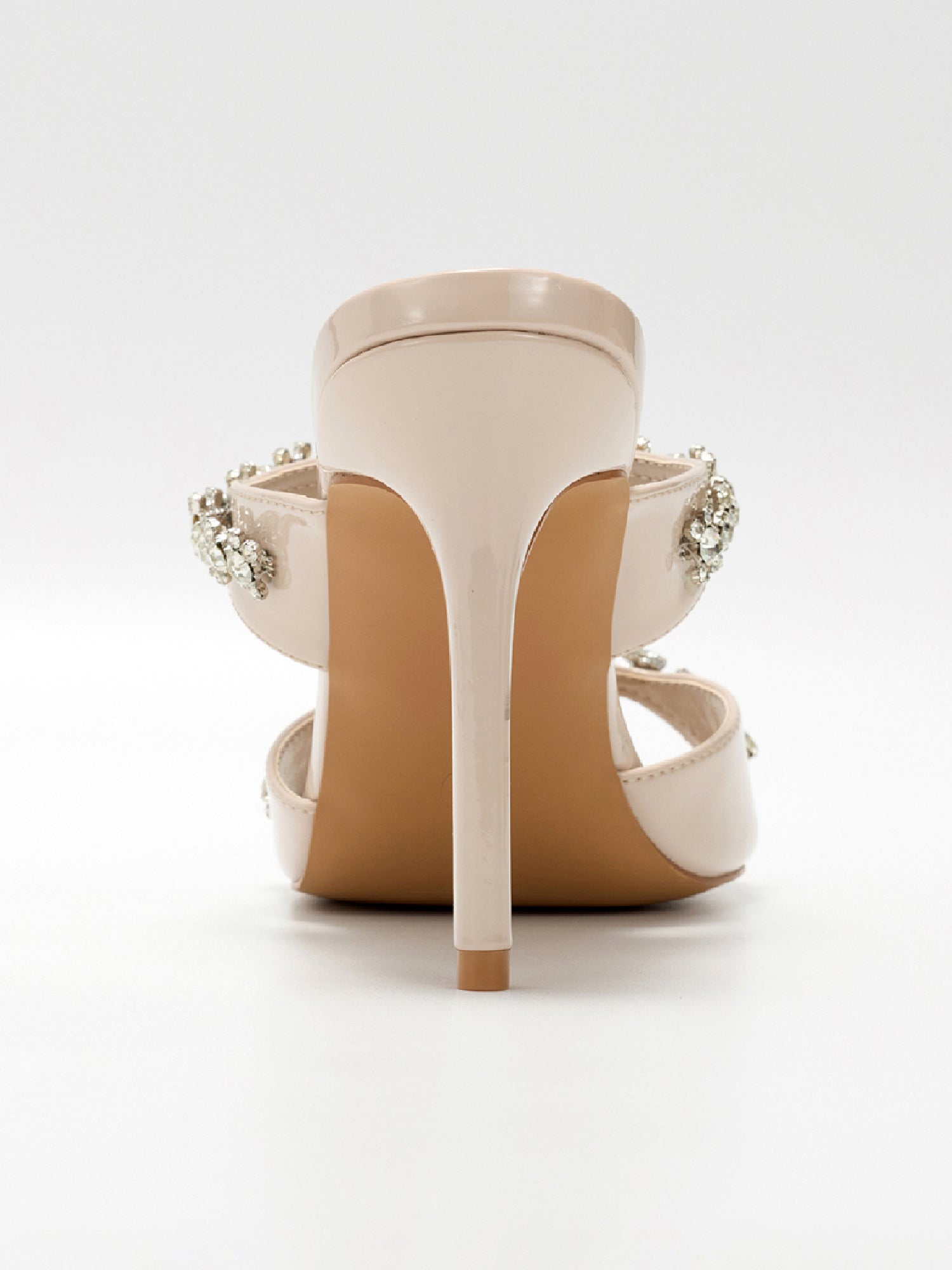 Carie Dressy Rhinestone Heeled Sandals - Slip On Mules with Stiletto Heel - Beige