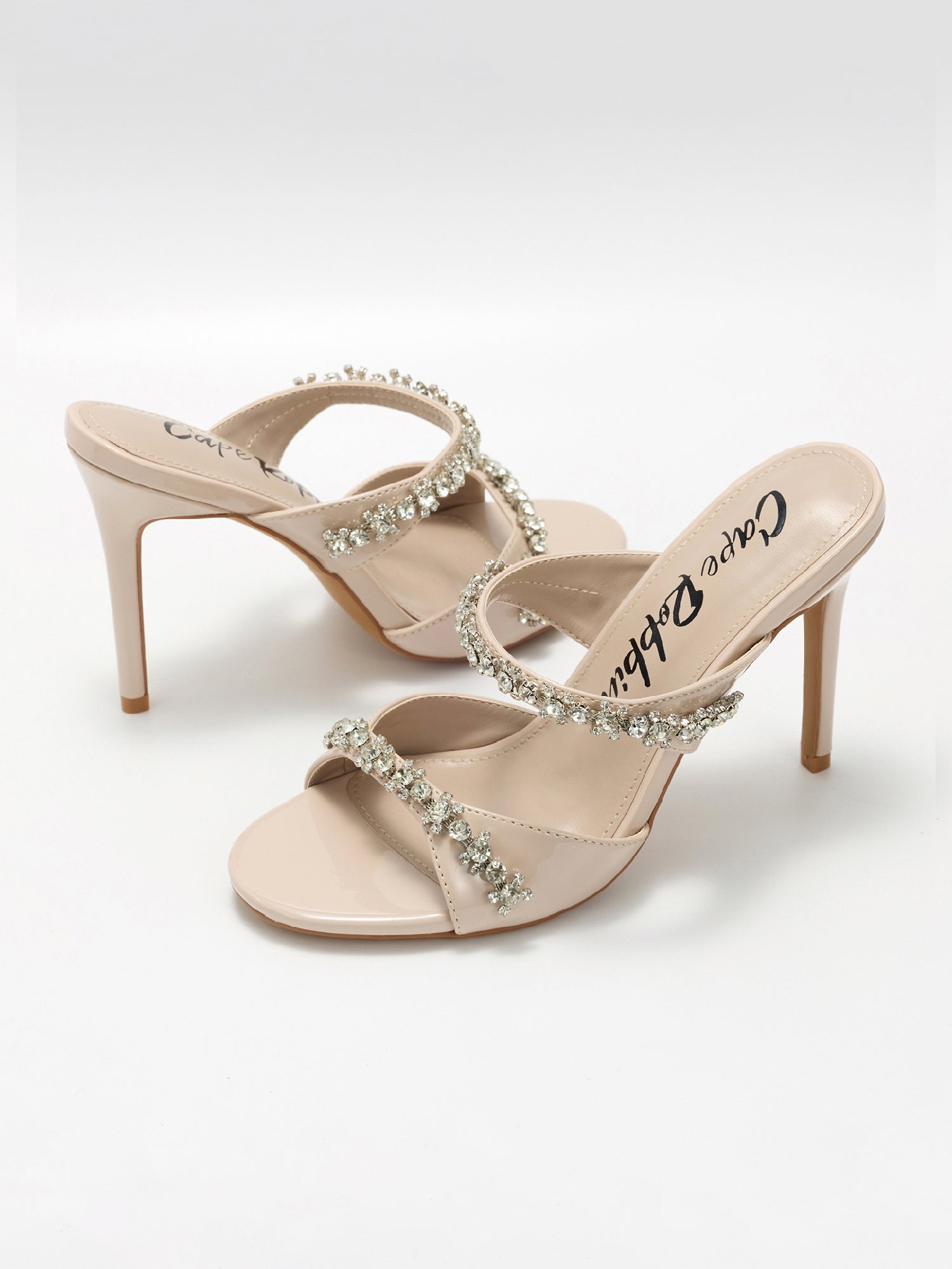 Carie Dressy Rhinestone Heeled Sandals - Slip On Mules with Stiletto Heel - Beige