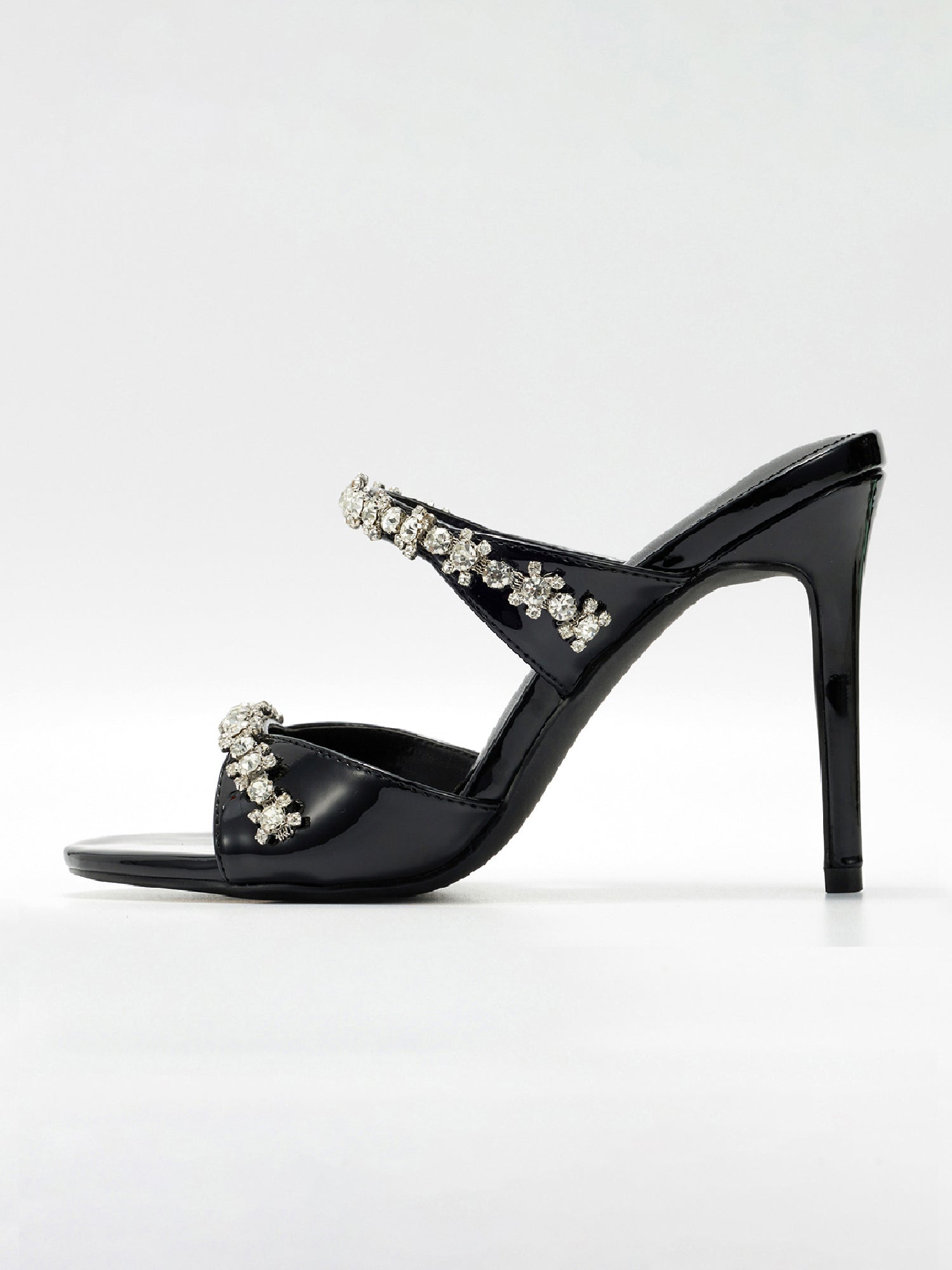 Carie Dressy Rhinestone Heeled Sandals - Slip On Mules with Stiletto Heel - Black