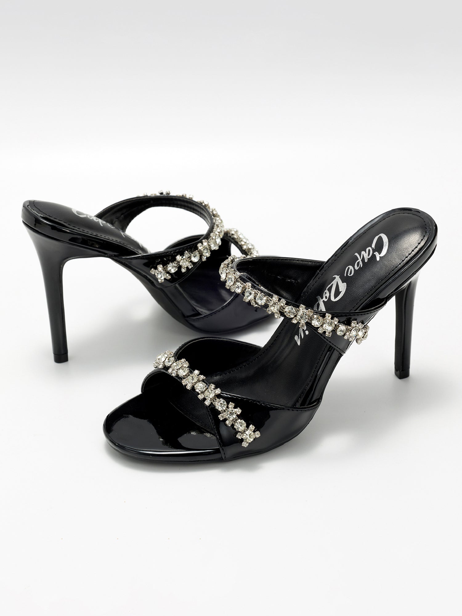 Carie Dressy Rhinestone Heeled Sandals - Slip On Mules with Stiletto Heel - Black