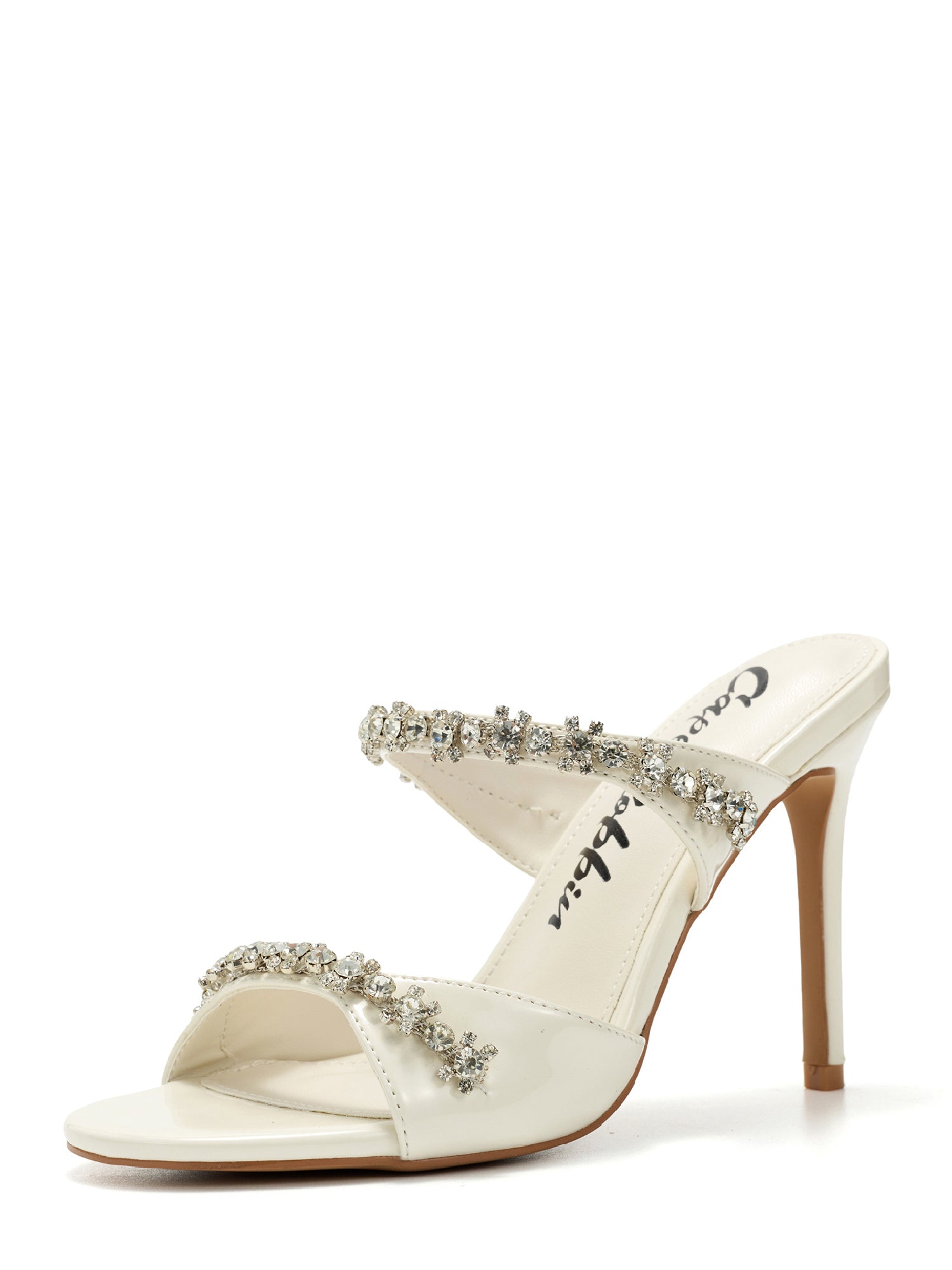 Carie Dressy Rhinestone Heeled Sandals - Slip On Mules with Stiletto Heel - White