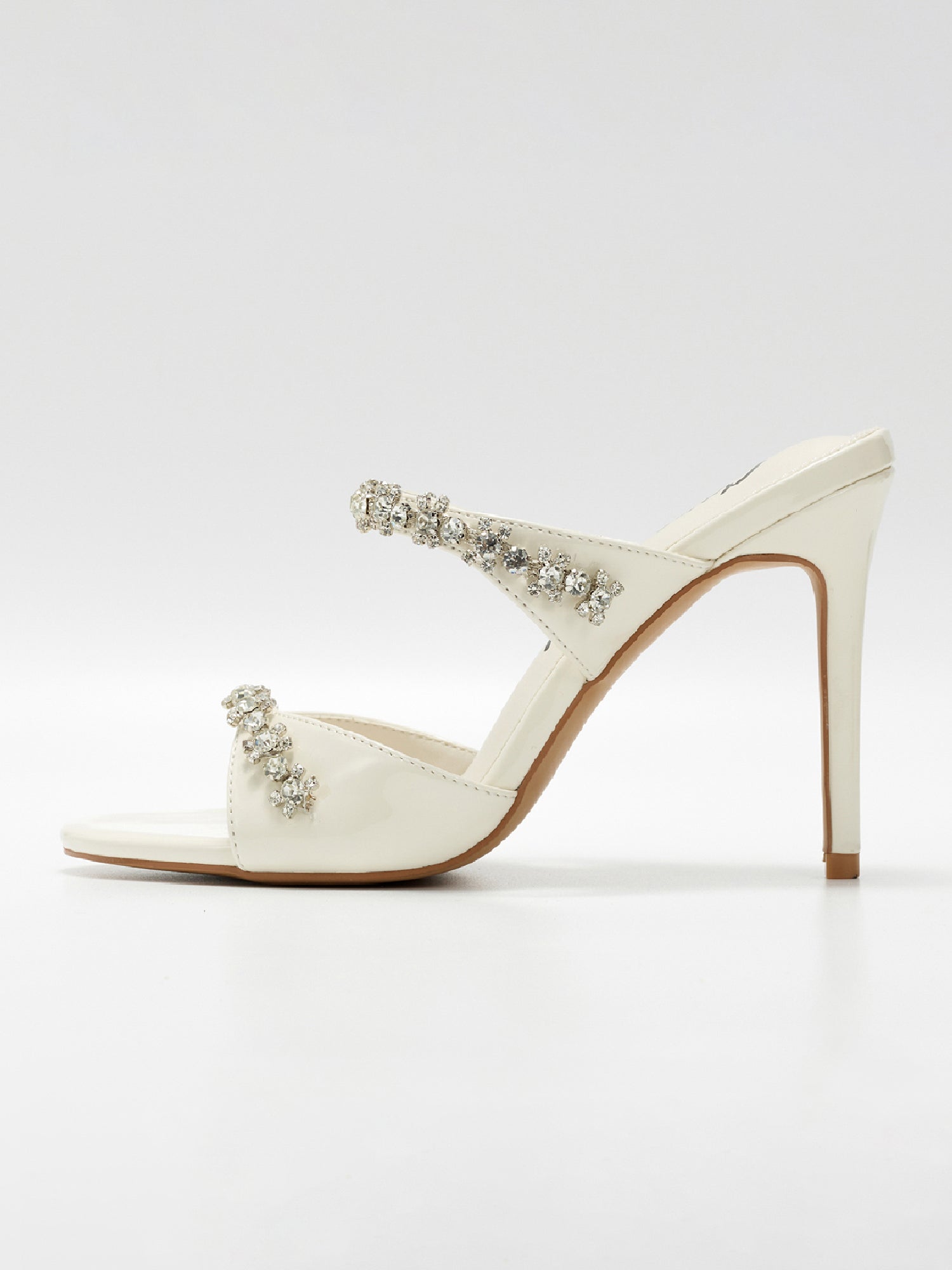 Carie Dressy Rhinestone Heeled Sandals - Slip On Mules with Stiletto Heel - White