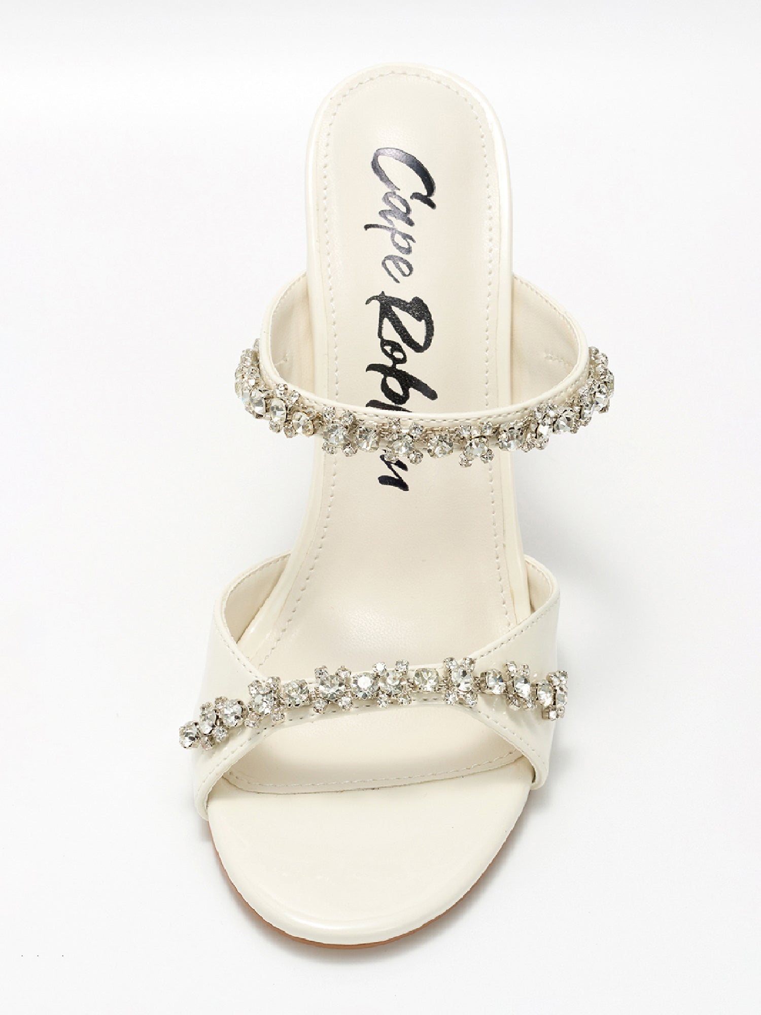 Carie Dressy Rhinestone Heeled Sandals - Slip On Mules with Stiletto Heel - White