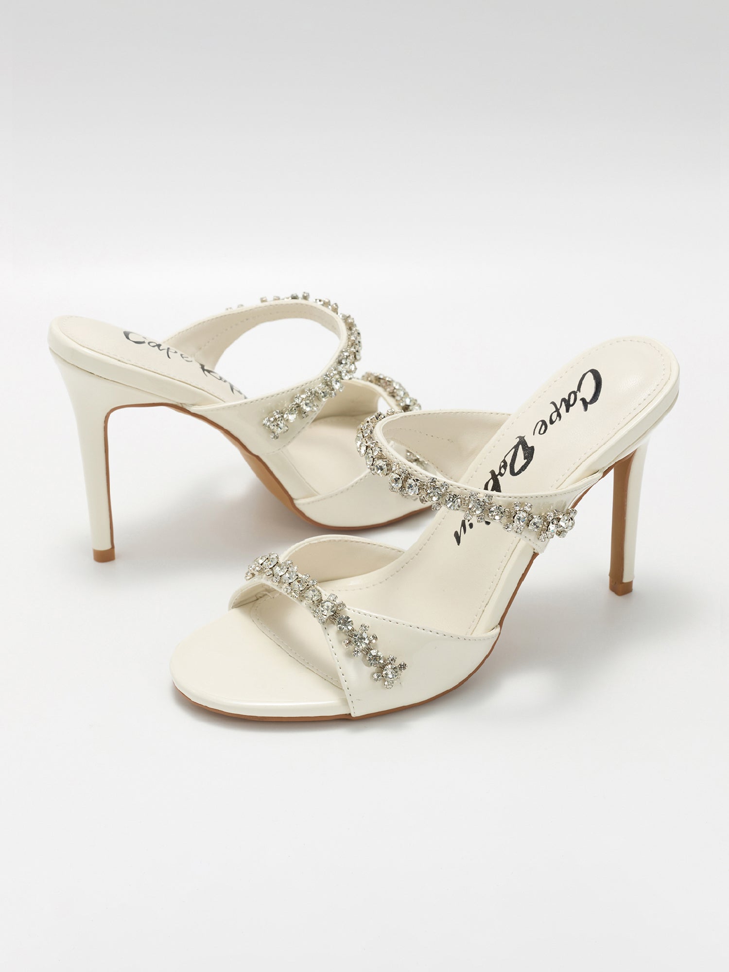 Carie Dressy Rhinestone Heeled Sandals - Slip On Mules with Stiletto Heel - White