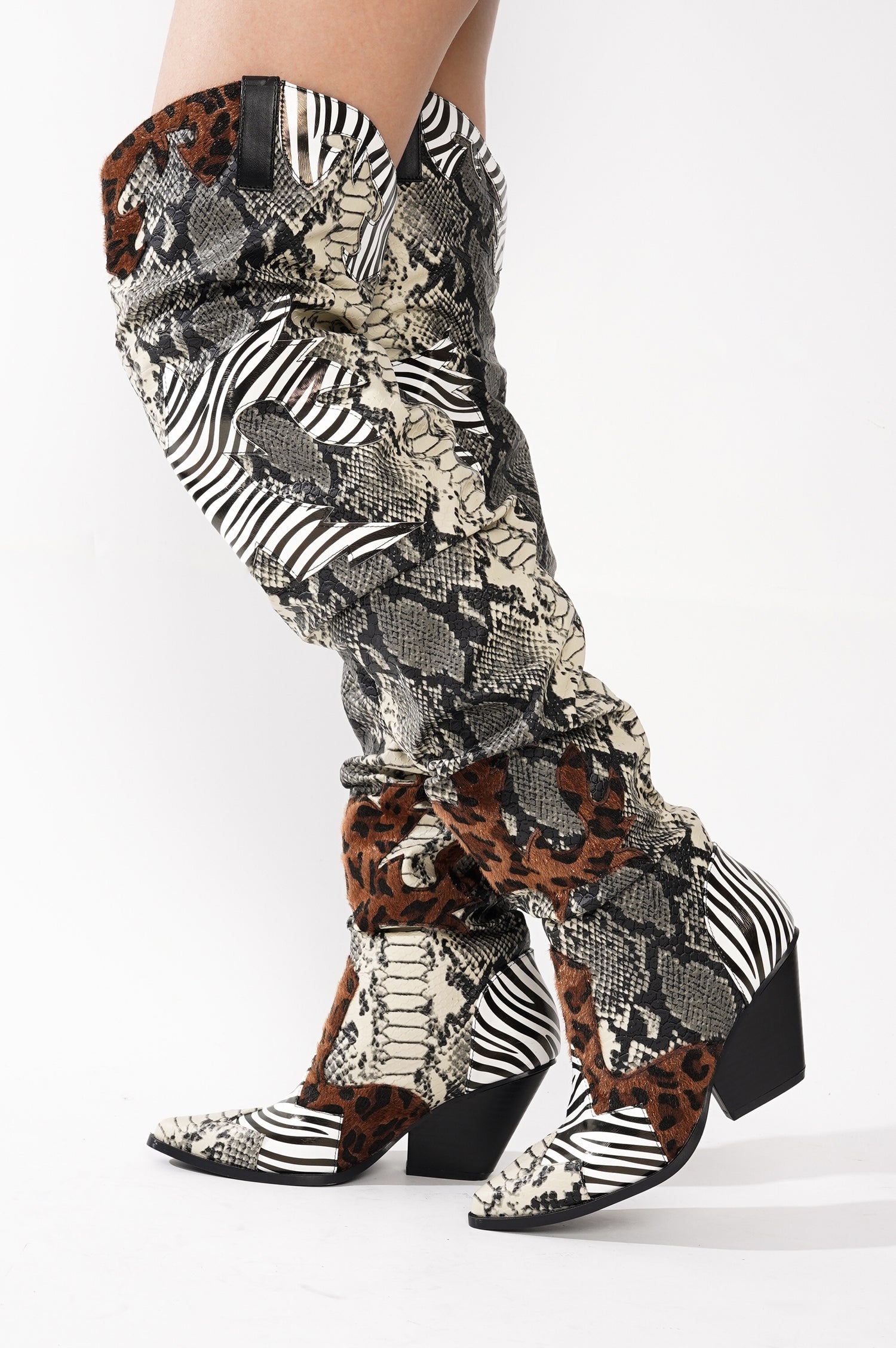 Hilda Faux Snakeskin Thigh High Cowboy Boots - Animal