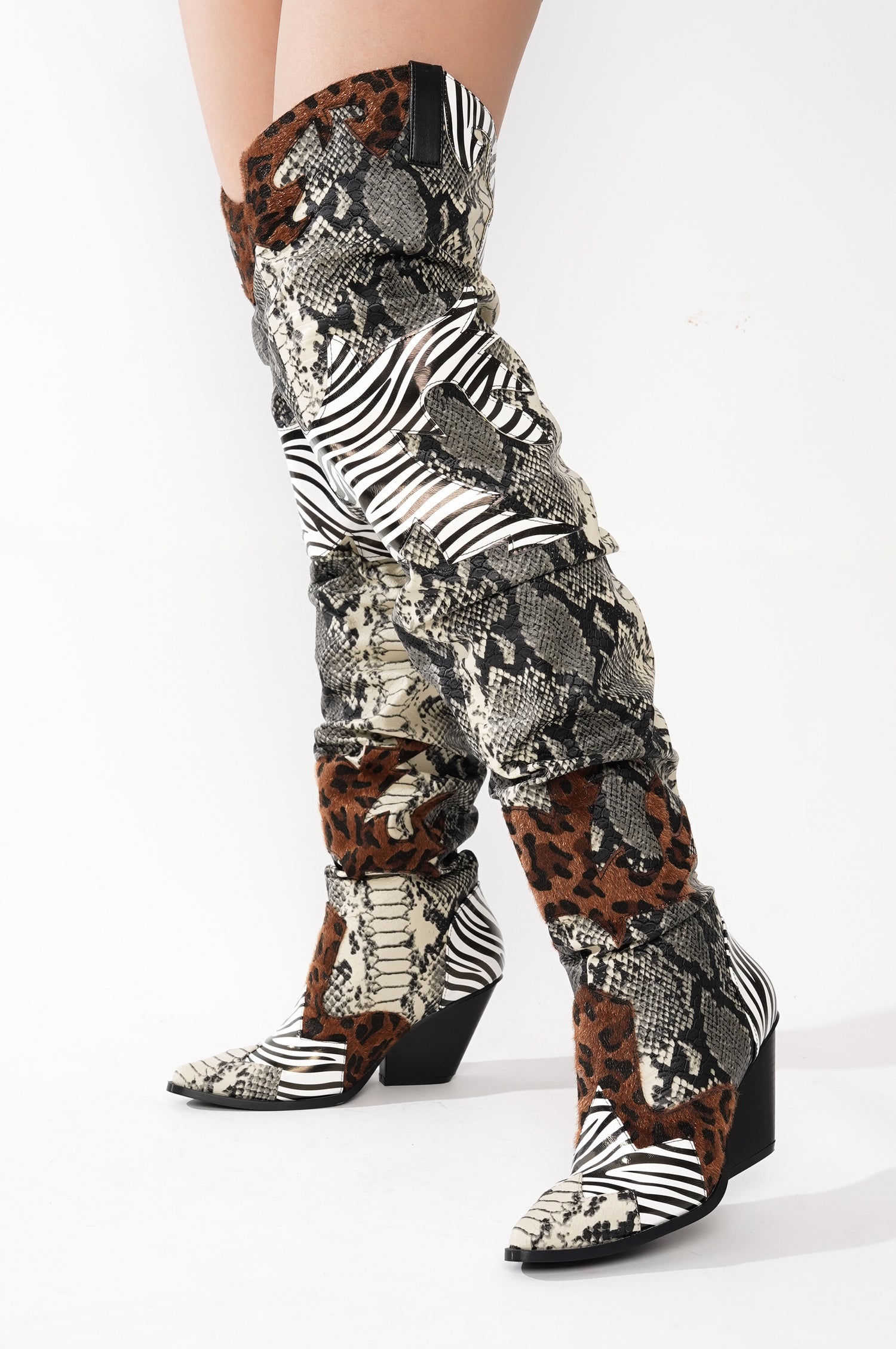 Hilda Faux Snakeskin Thigh High Cowboy Boots - Animal