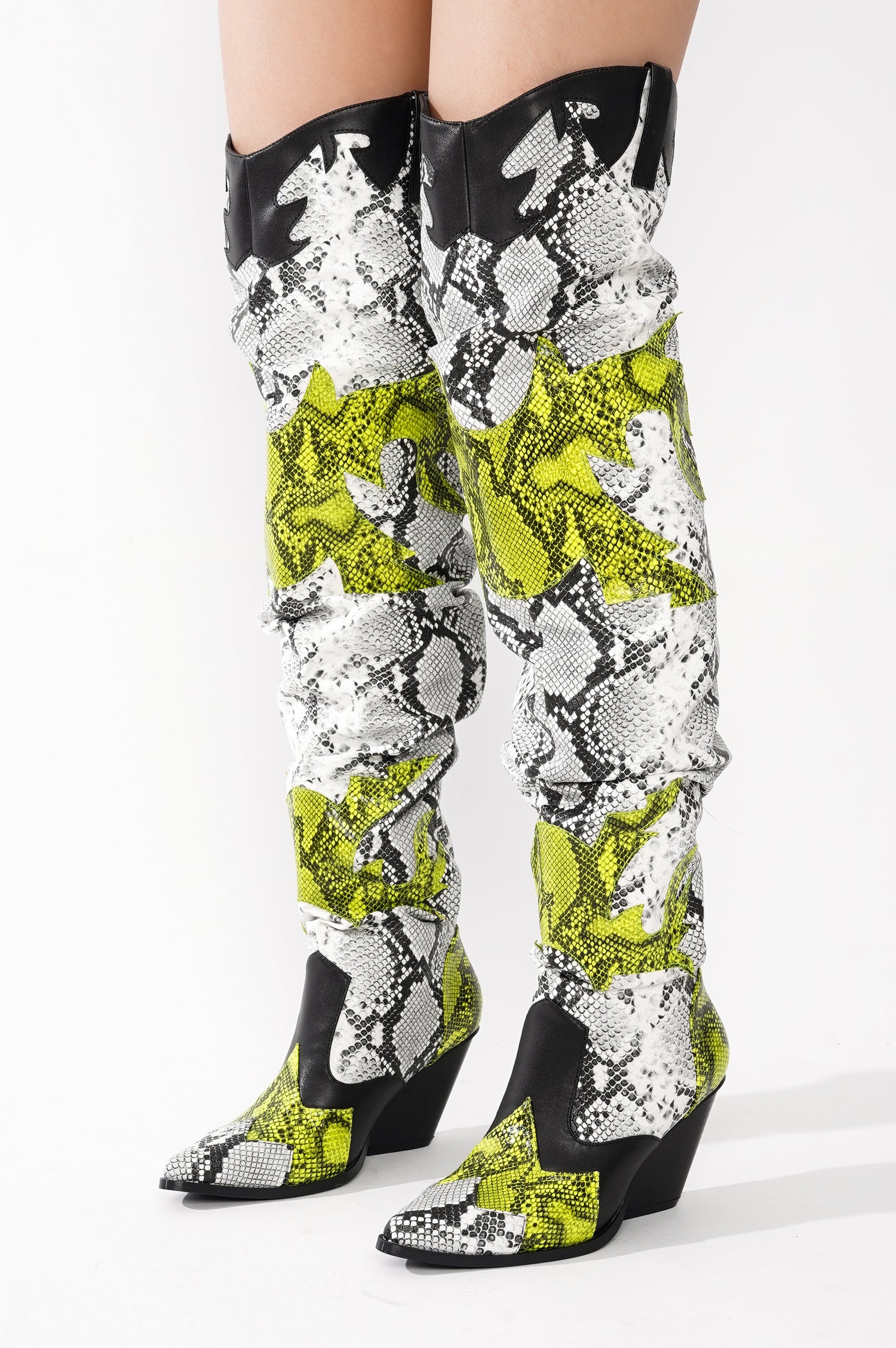 Hilda Faux Snakeskin Thigh High Cowboy Boots - Black