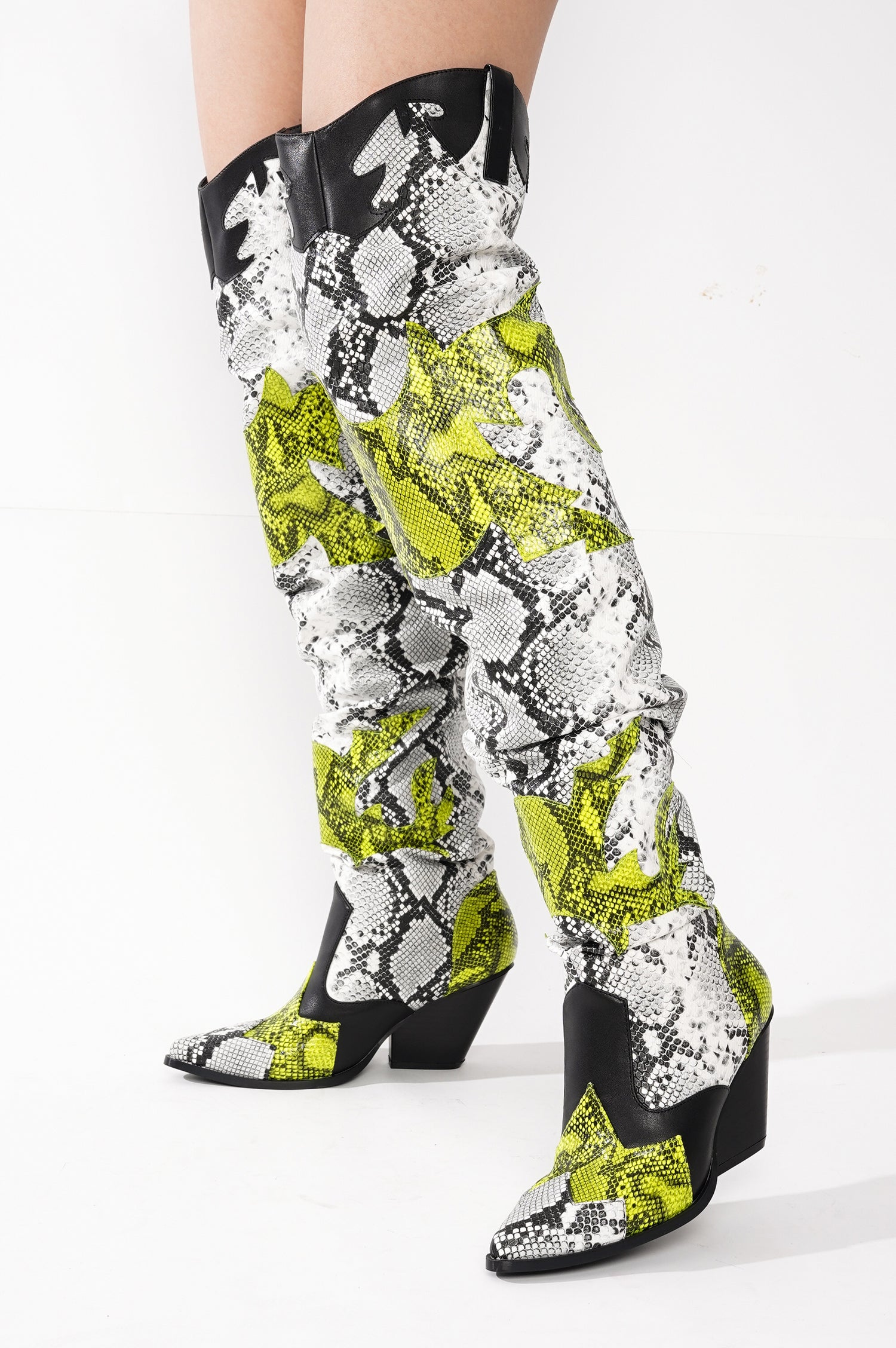 Hilda Faux Snakeskin Thigh High Cowboy Boots - Black