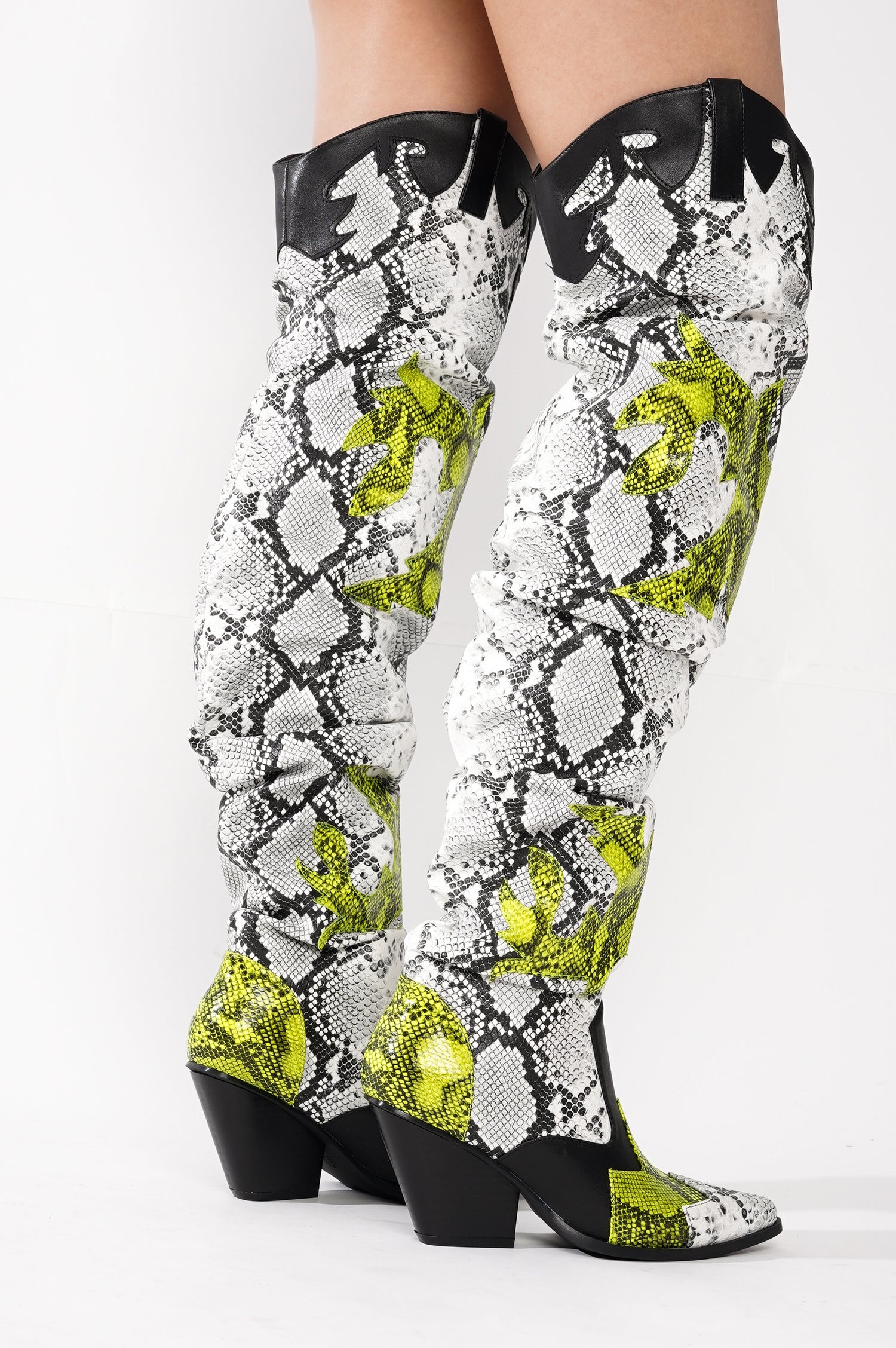 Hilda Faux Snakeskin Thigh High Cowboy Boots - Black