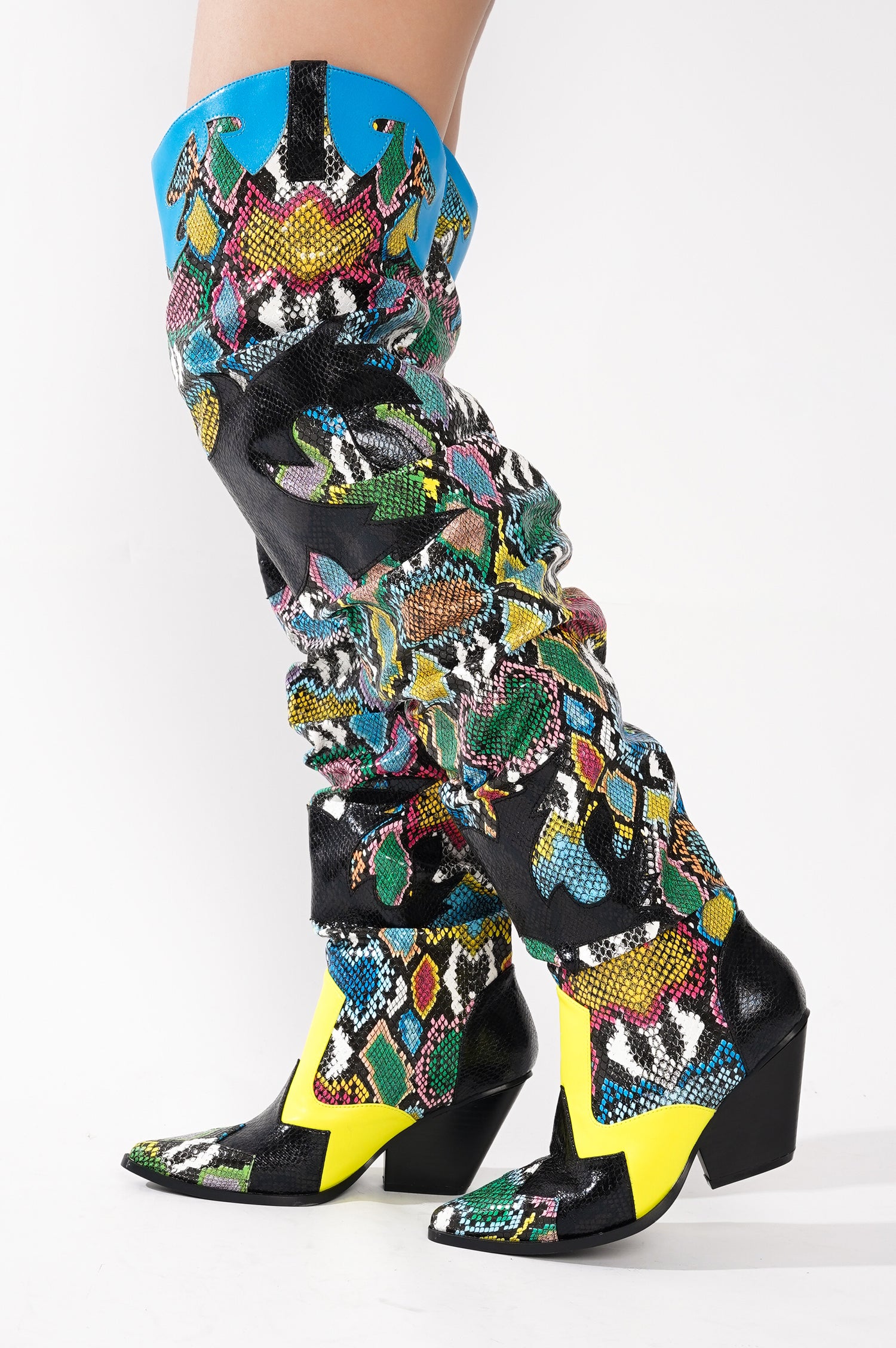 Hilda Faux Snakeskin Thigh High Cowboy Boots - Multi