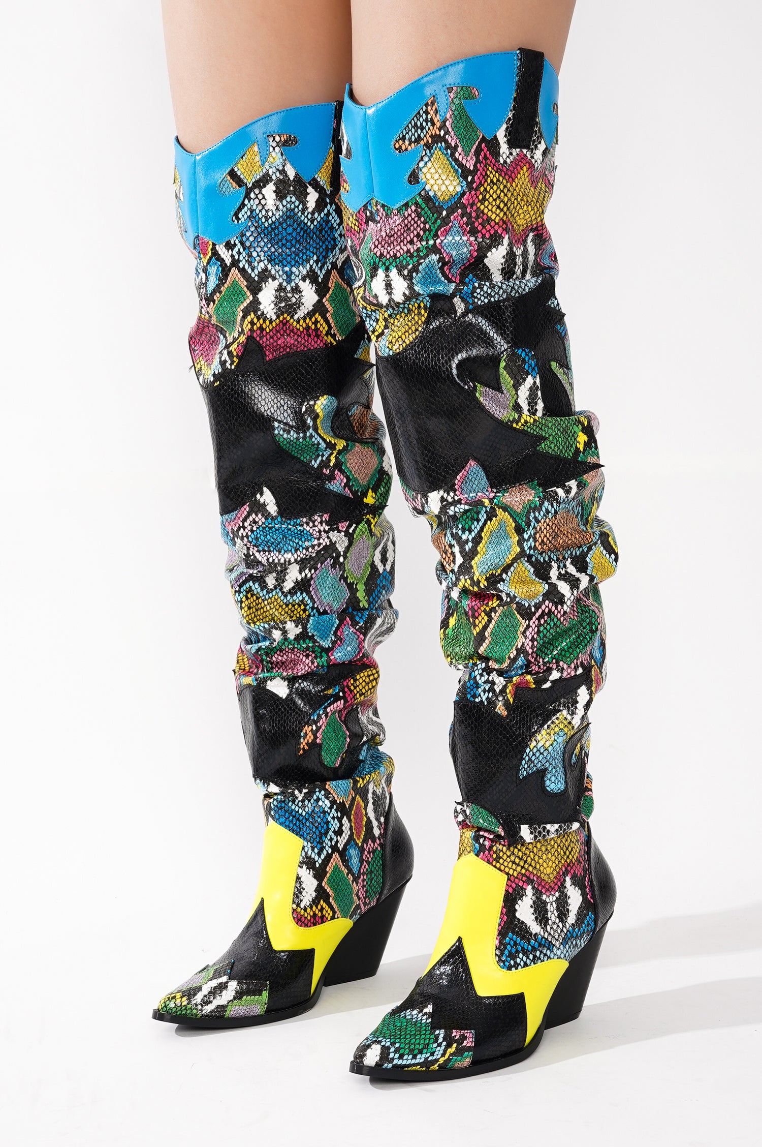 Hilda Faux Snakeskin Thigh High Cowboy Boots - Multi