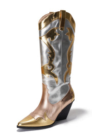 Juliana Pointed Toe Metallic Colorblock Cowboy Mid Calf Boots - Gold - Cape Robbin