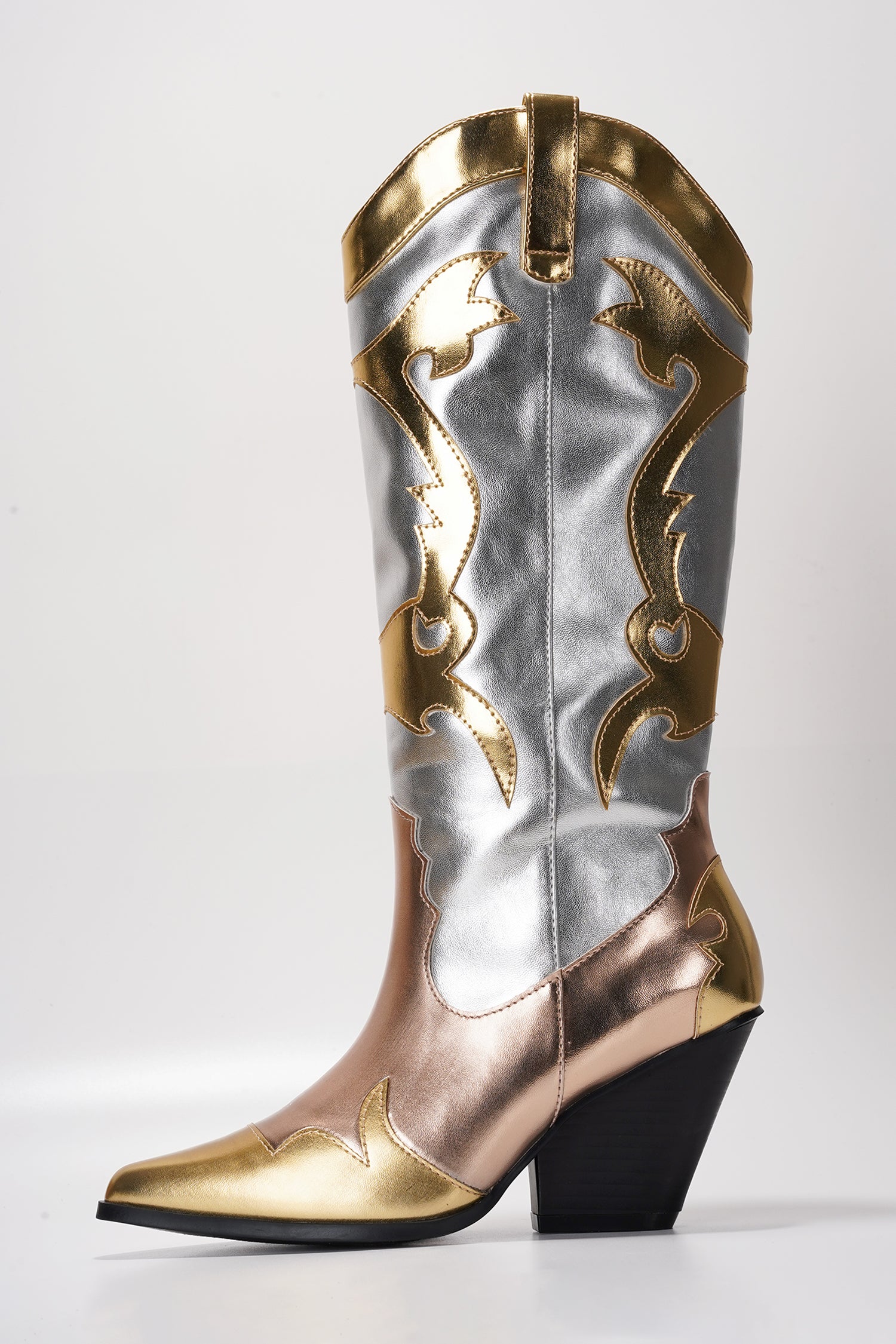 Juliana Pointed Toe Metallic Colorblock Cowboy Mid Calf Boots - Gold - Cape Robbin