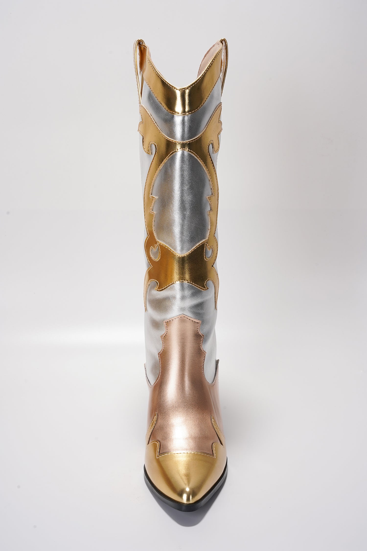 Juliana Pointed Toe Metallic Colorblock Cowboy Mid Calf Boots - Gold - Cape Robbin