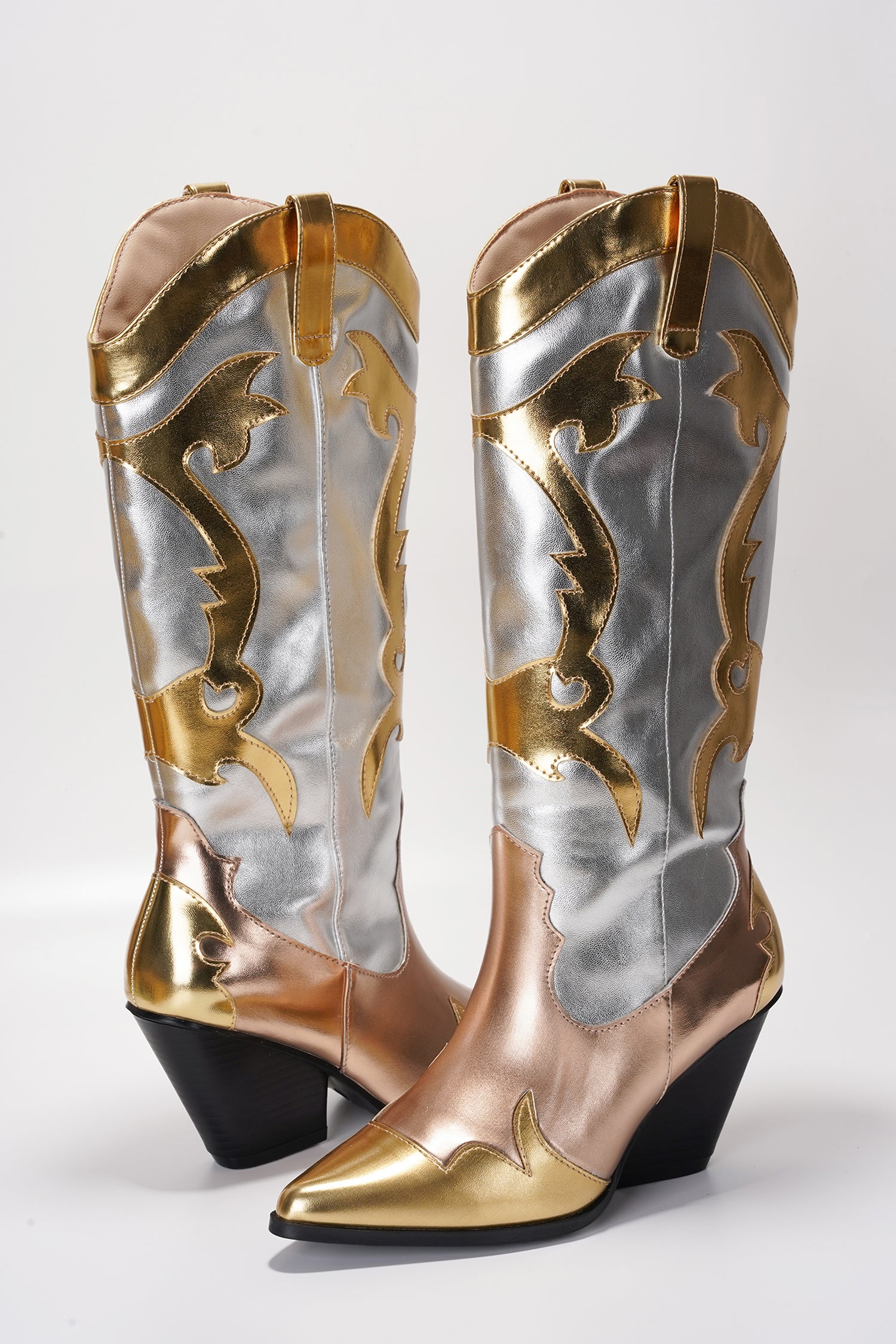 Juliana Pointed Toe Metallic Colorblock Cowboy Mid Calf Boots - Gold - Cape Robbin