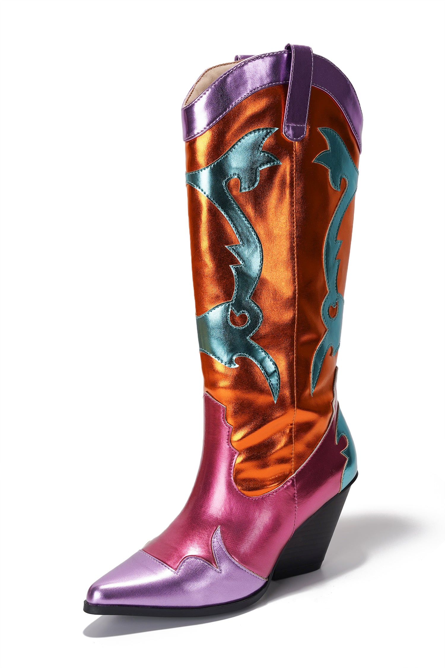 Juliana Pointed Toe Metallic Colorblock Cowboy Mid Calf Boots - Orange - Cape Robbin