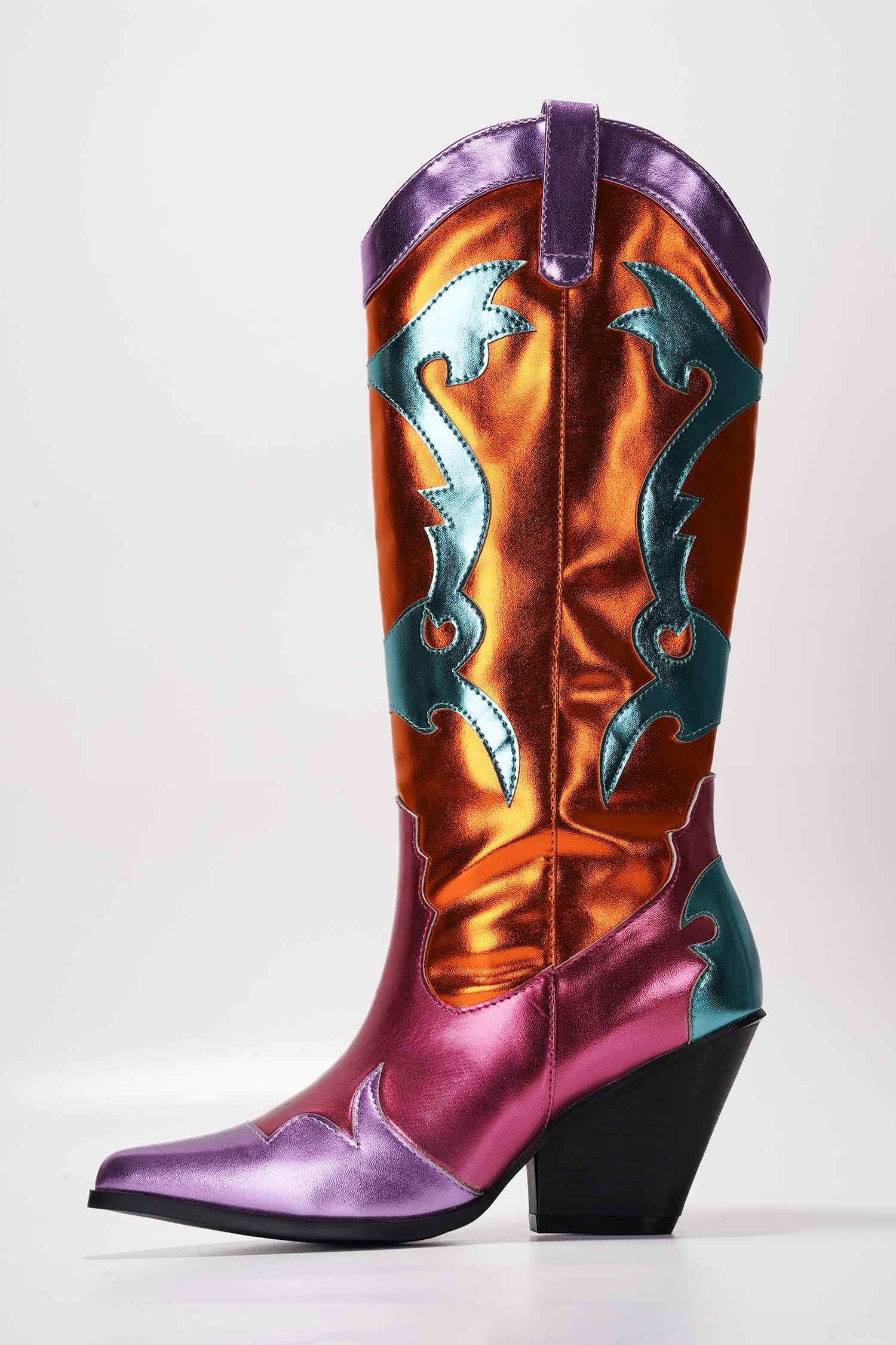 Juliana Pointed Toe Metallic Colorblock Cowboy Mid Calf Boots - Orange - Cape Robbin