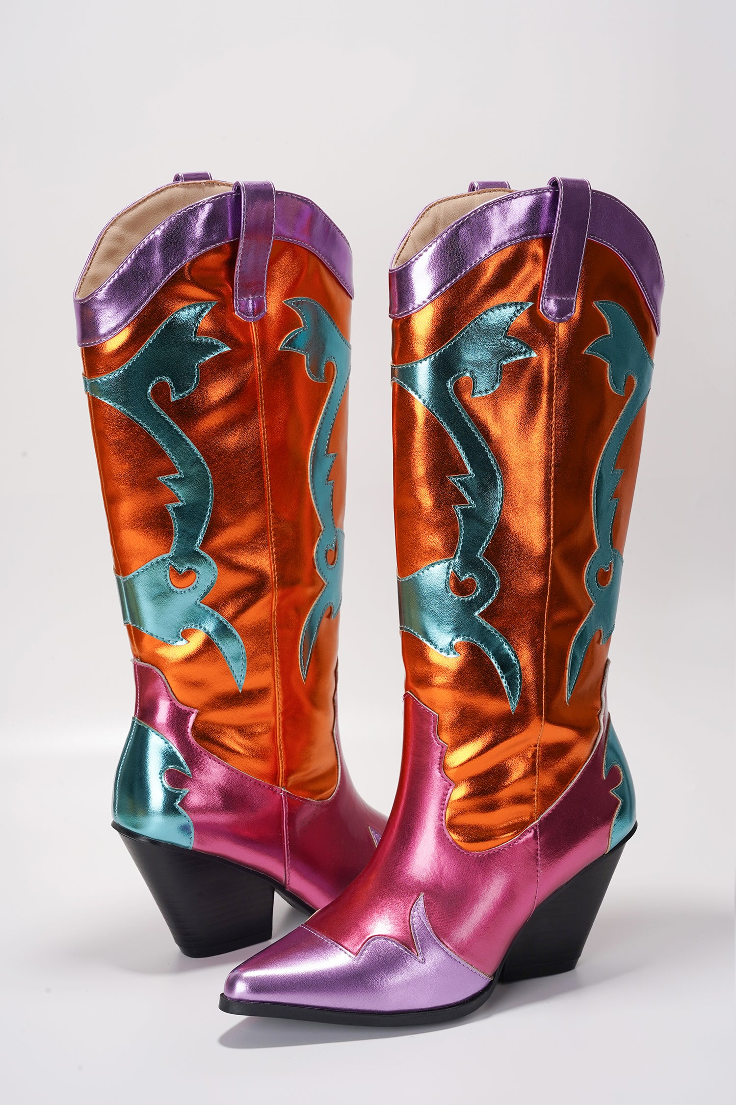 Juliana Pointed Toe Metallic Colorblock Cowboy Mid Calf Boots - Orange - Cape Robbin