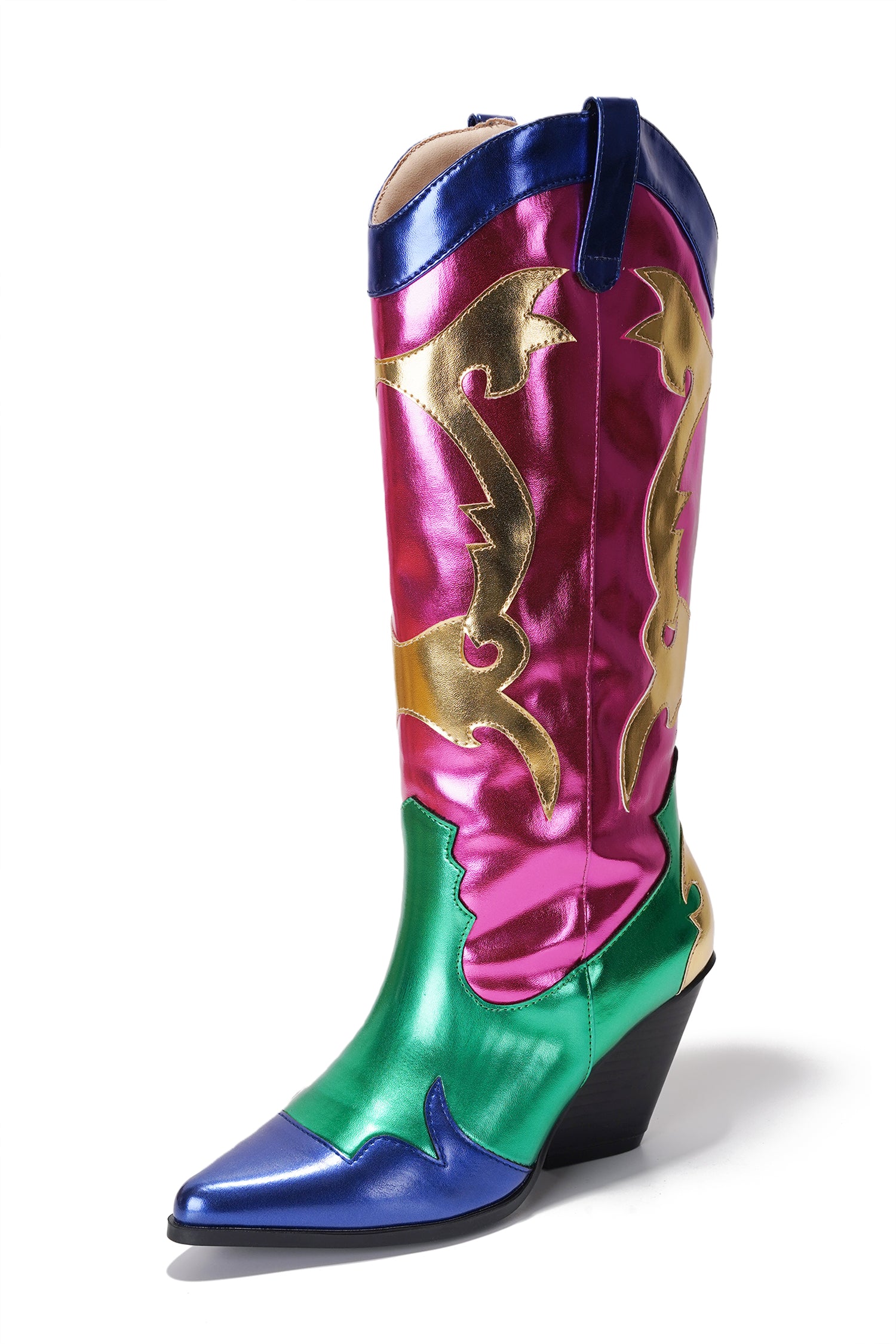 Juliana Pointed Toe Metallic Colorblock Cowboy Mid Calf Boots - Pink - Cape Robbin