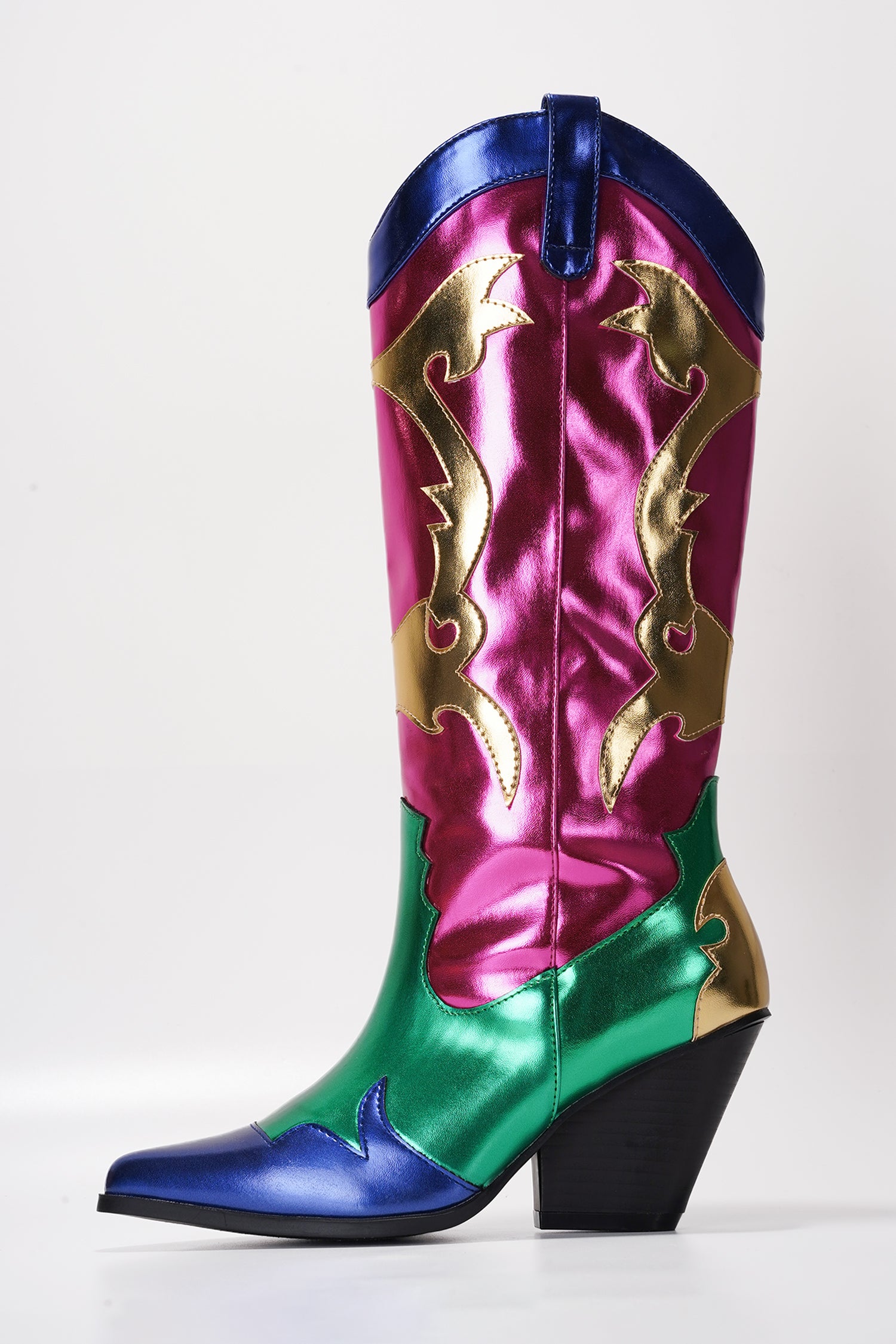 Juliana Pointed Toe Metallic Colorblock Cowboy Mid Calf Boots - Pink - Cape Robbin