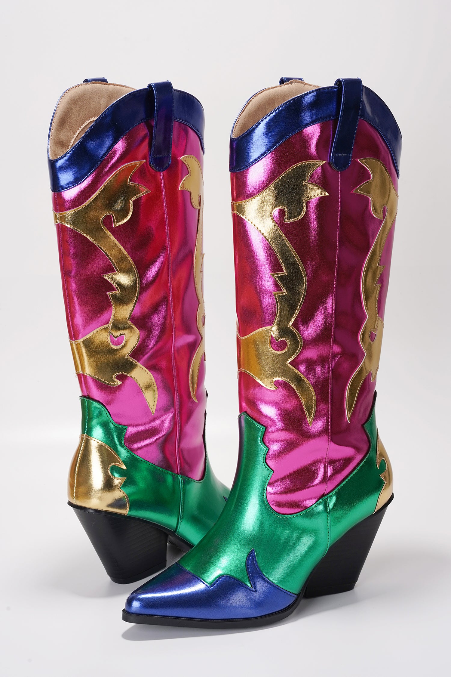 Juliana Pointed Toe Metallic Colorblock Cowboy Mid Calf Boots - Pink - Cape Robbin
