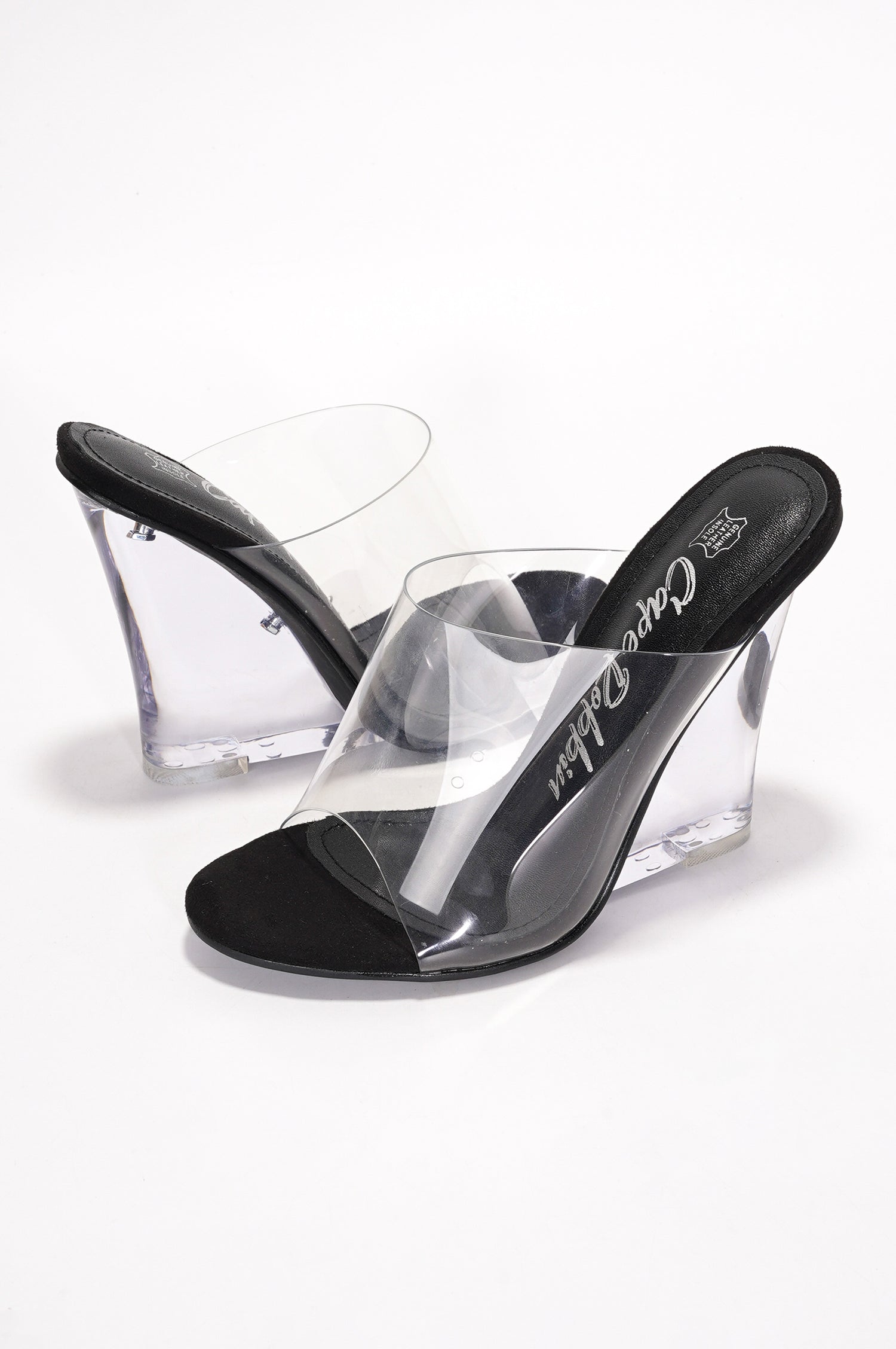 Lemonade Clear Slip-On Transparent Straps, Round Toe Wedge Heels - Black - Cape Robbin