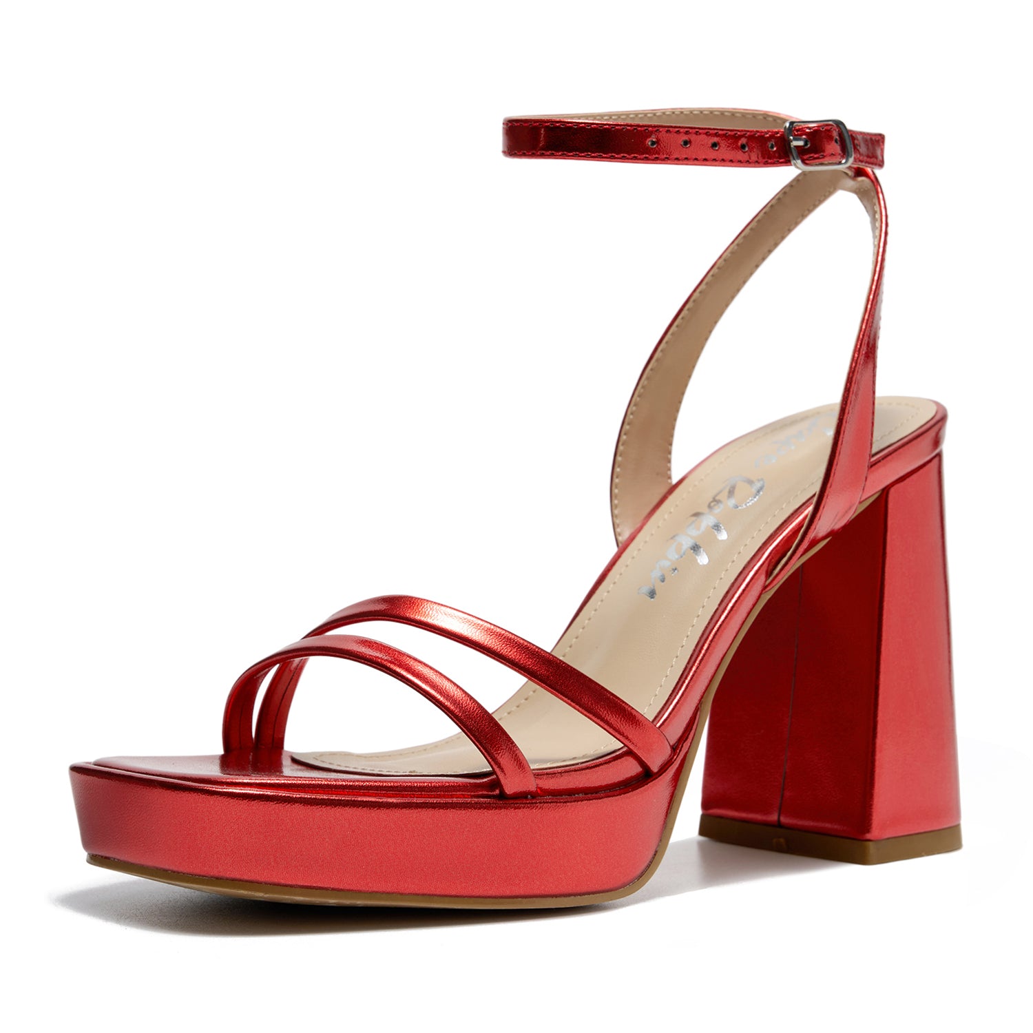 Lumina Women's Metallic Platform Heels - Strappy Ankle Strap Block Heel Sandals - Red