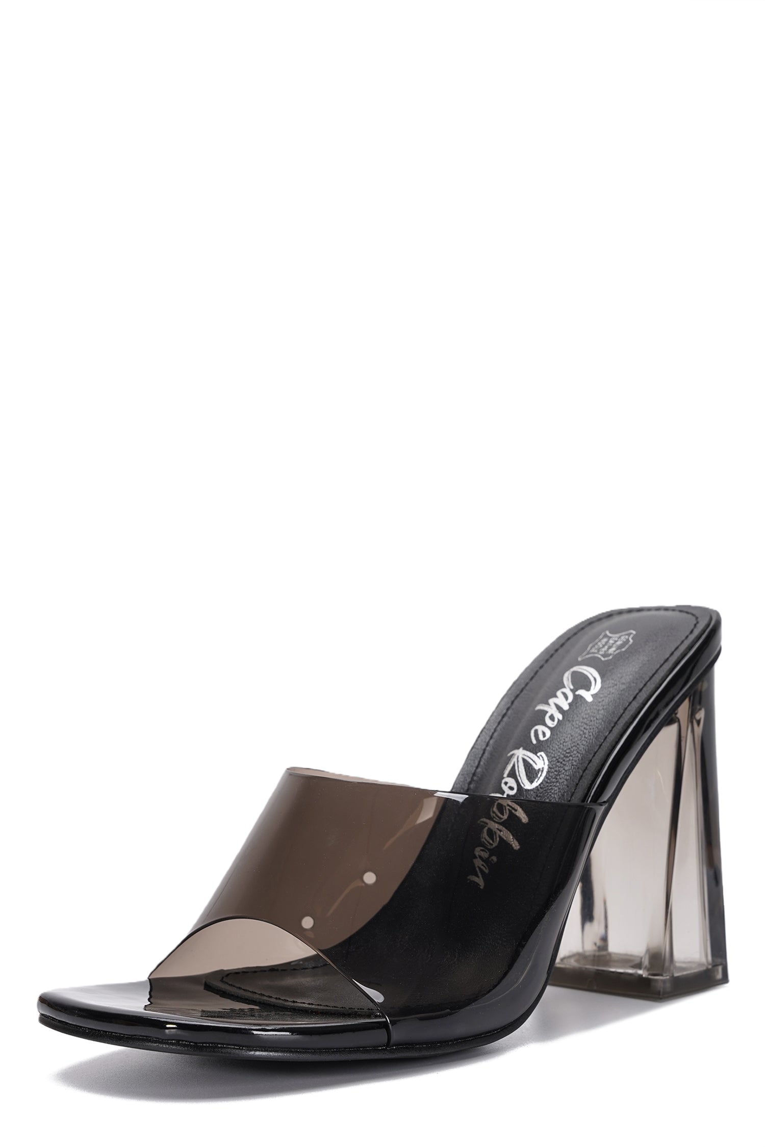 Lynnett Clear Slip-On Transparent Straps, Round Toe Block Heels - Black - Cape Robbin
