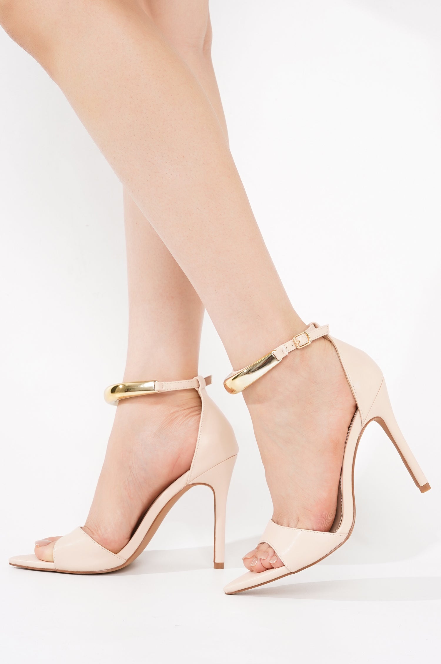 Mag Women's Pointed Toe Ankle Strap Heels with Gold Chain - Closed Back Evening Dress Sandals - Beige - Cape Robbin