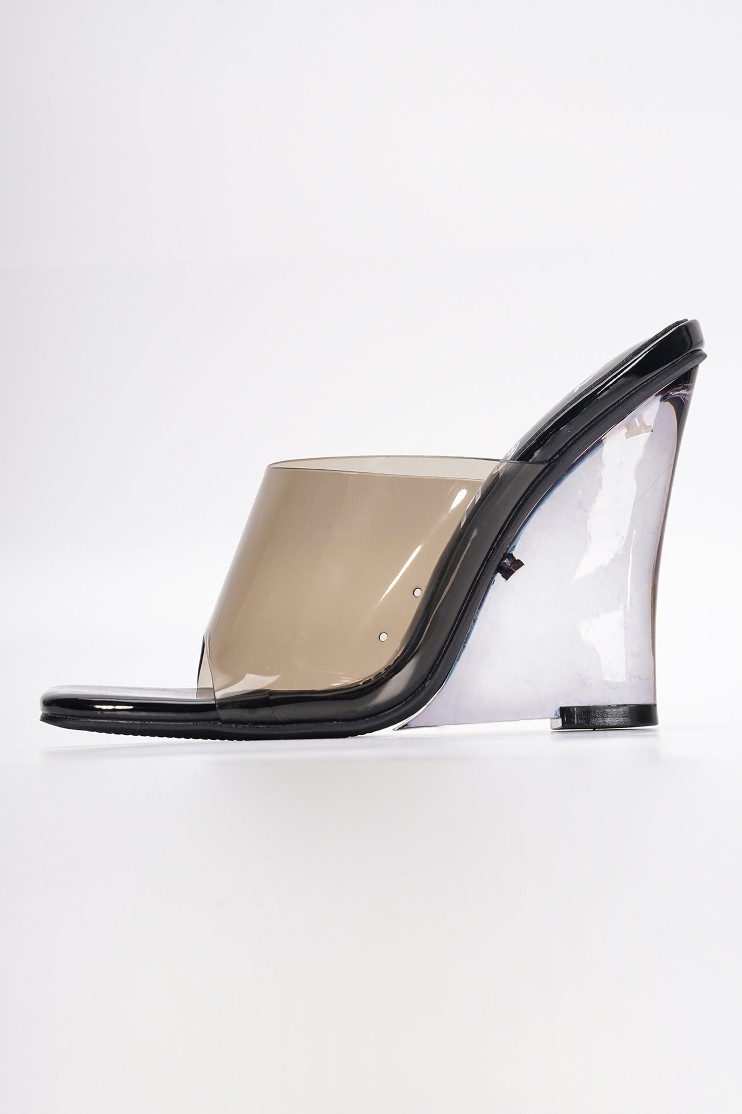 Mala Clear Slip-On Transparent Straps, Square Toe Wedge Heels - Black - Cape Robbin