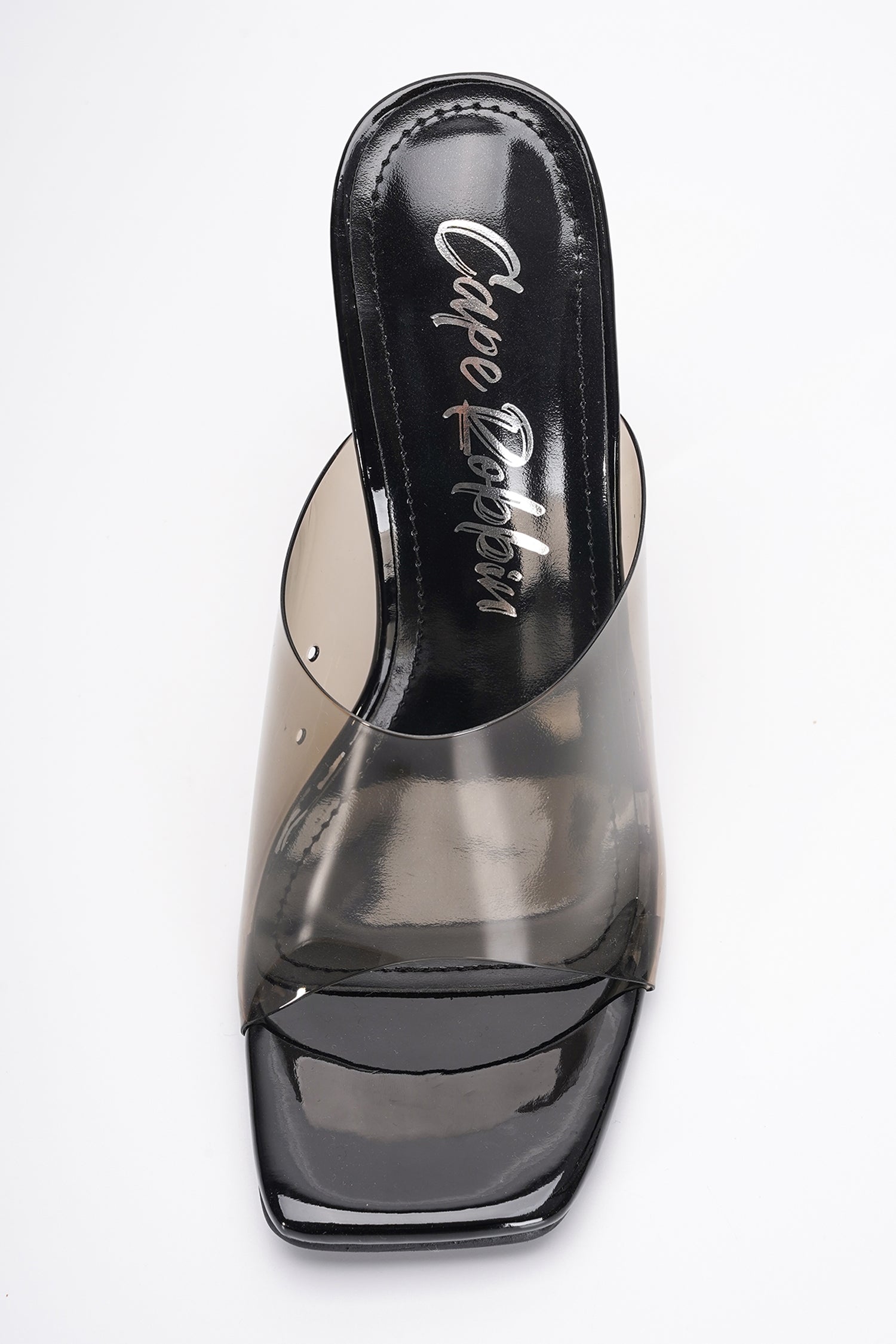 Mala Clear Slip-On Transparent Straps, Square Toe Wedge Heels - Black - Cape Robbin