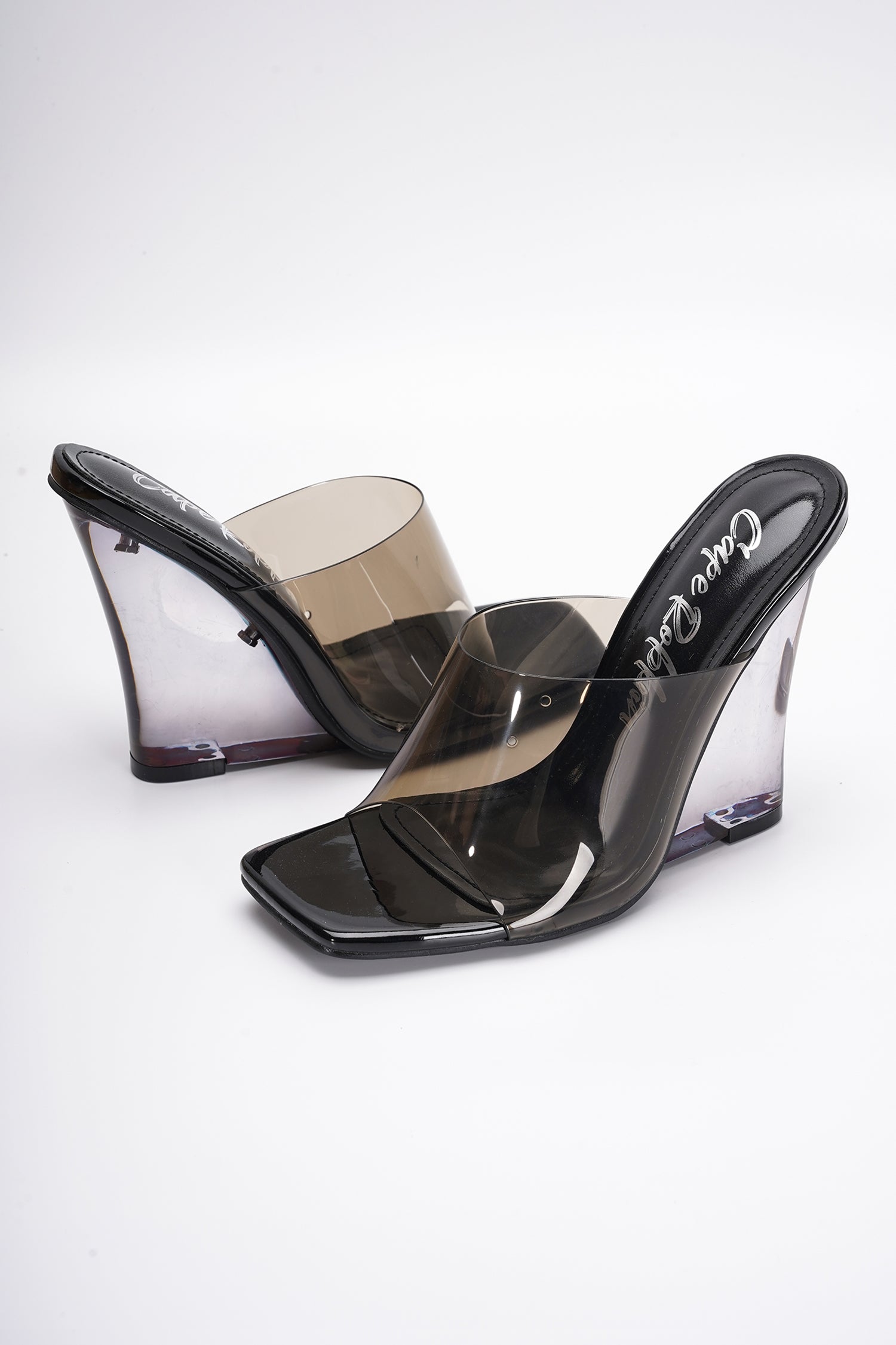 Mala Clear Slip-On Transparent Straps, Square Toe Wedge Heels - Black - Cape Robbin