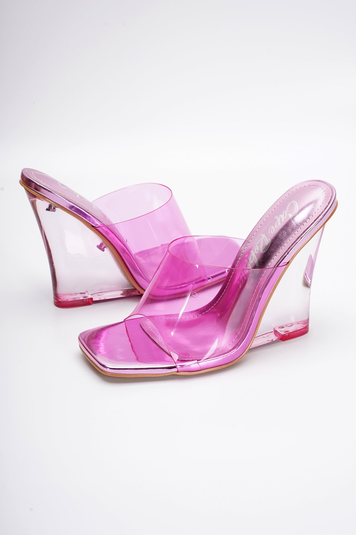 Mala Clear Slip-On Transparent Straps, Square Toe Wedge Heels - Pink - Cape Robbin